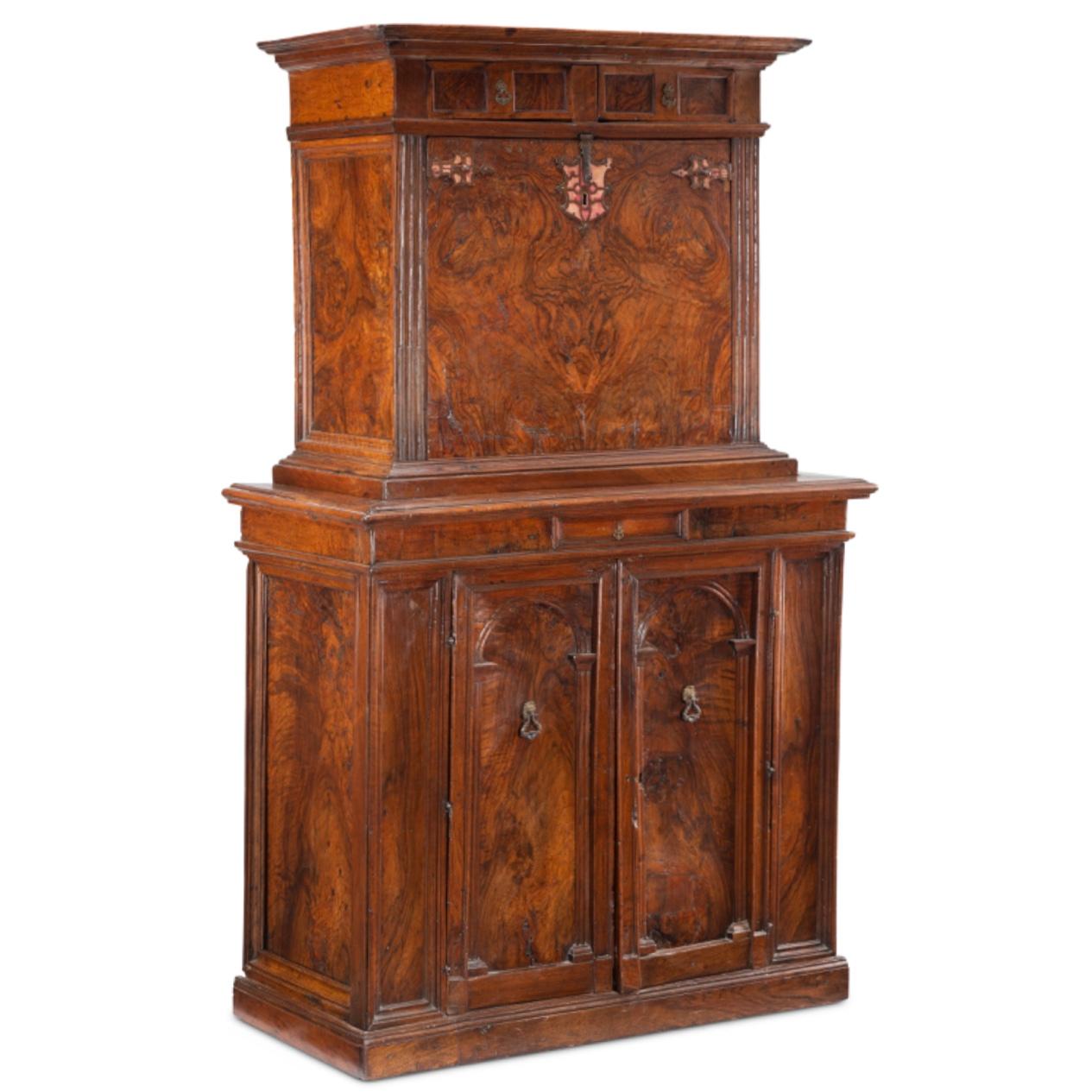 An Italian Florentine Renaissance Carved Burl Walnut Fall-Front Writing Cabinet, Circa 1560, 16th century
From the Davanzatti Palace Museum in Florence
Height: 59 inches x 36 inches wide x 17-1/2 inches deep 
(149.9 x 91.4 x 44.5 cm)

From the