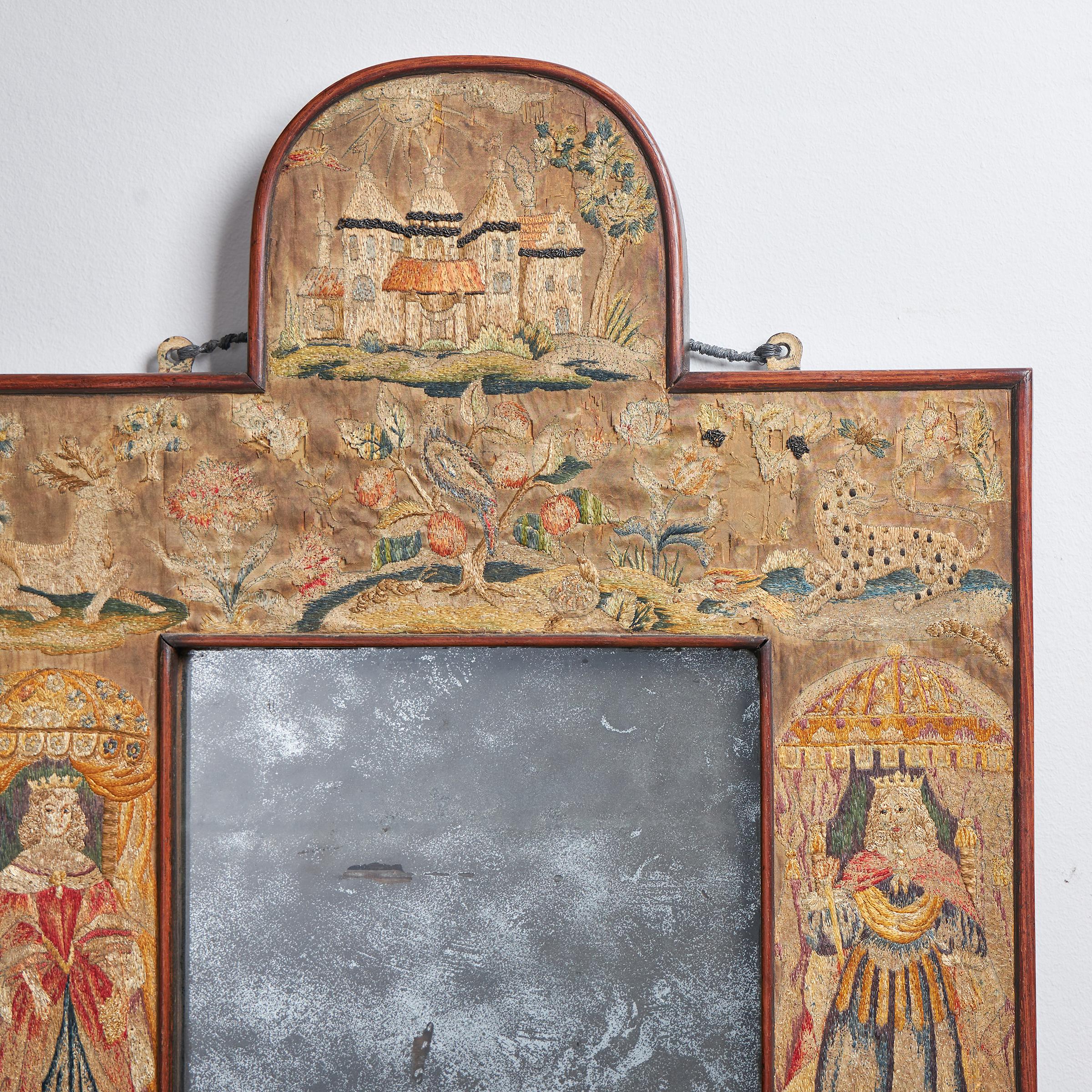 Important 17th Century Charles II  Silk Needlework / Stumpwork Mirror For Sale 1