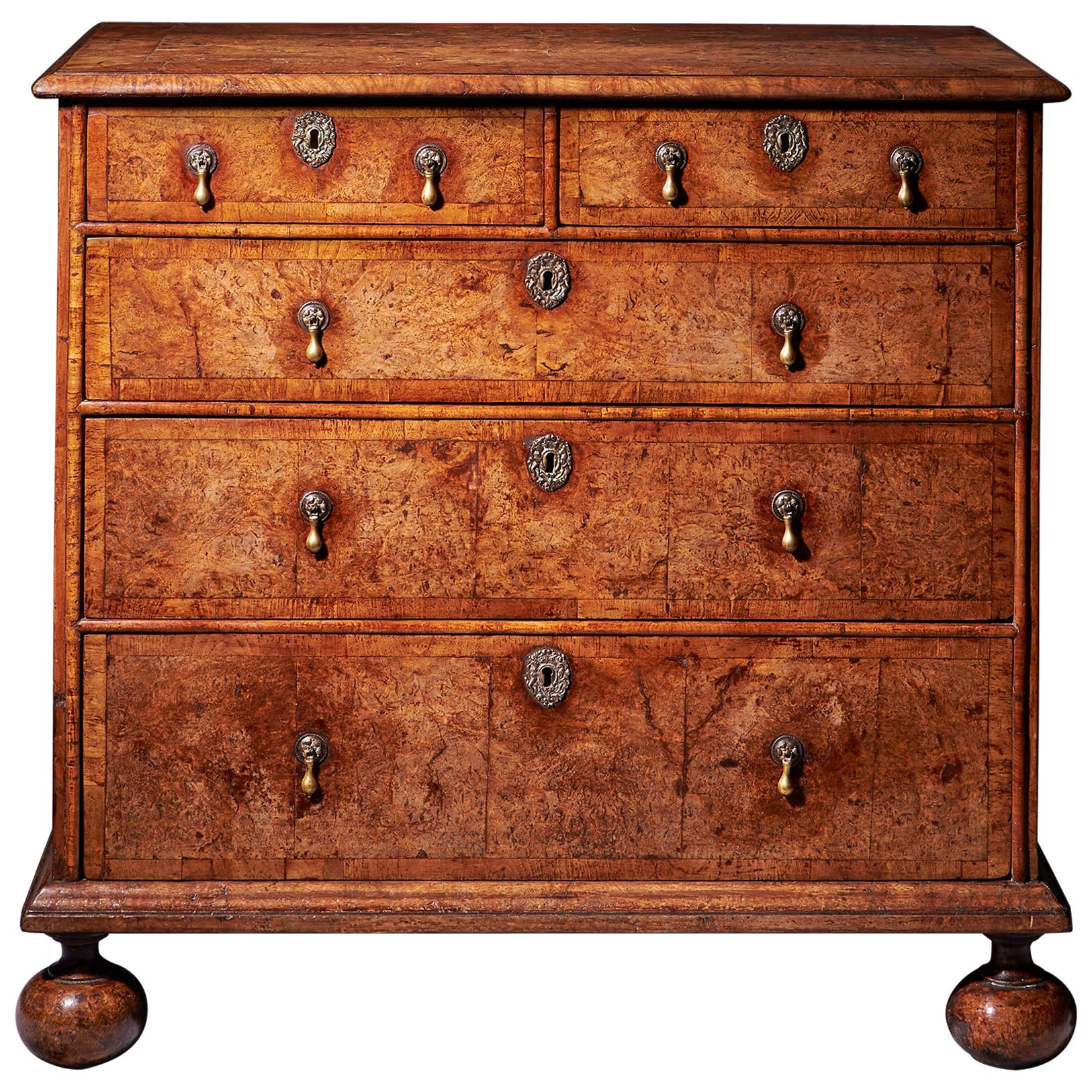 Important 17th Century William and Mary Bur Pollard Oak Chest of drawers