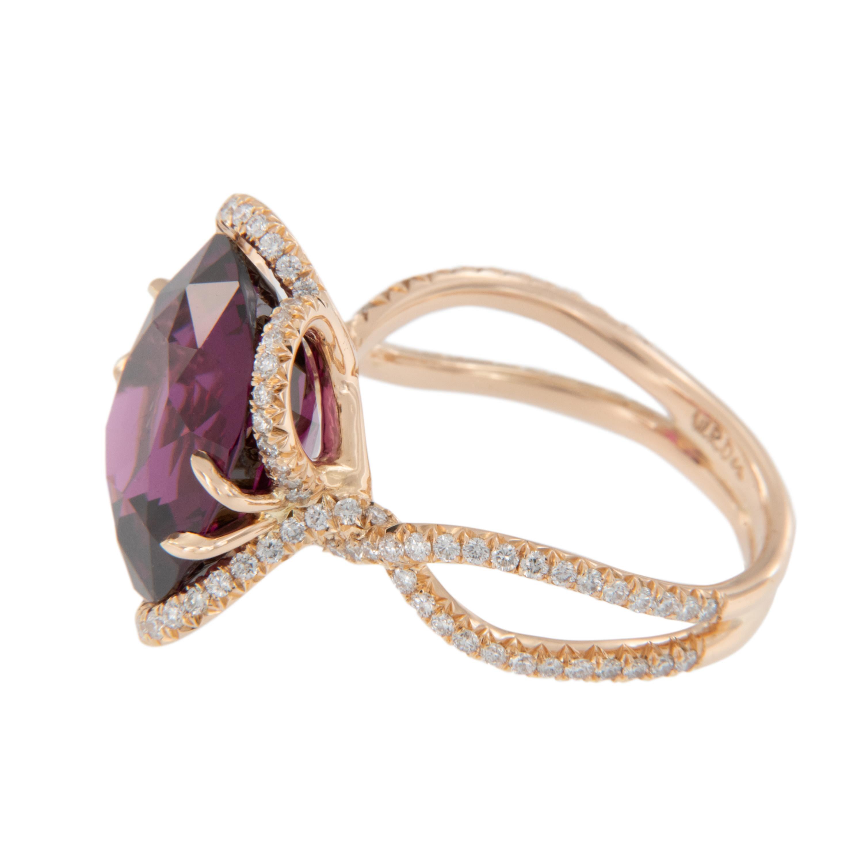 Importante anillo tulipán de oro rosa de 18 quilates y espinela y diamantes de 9,99 quilates Corte cojín antiguo en venta