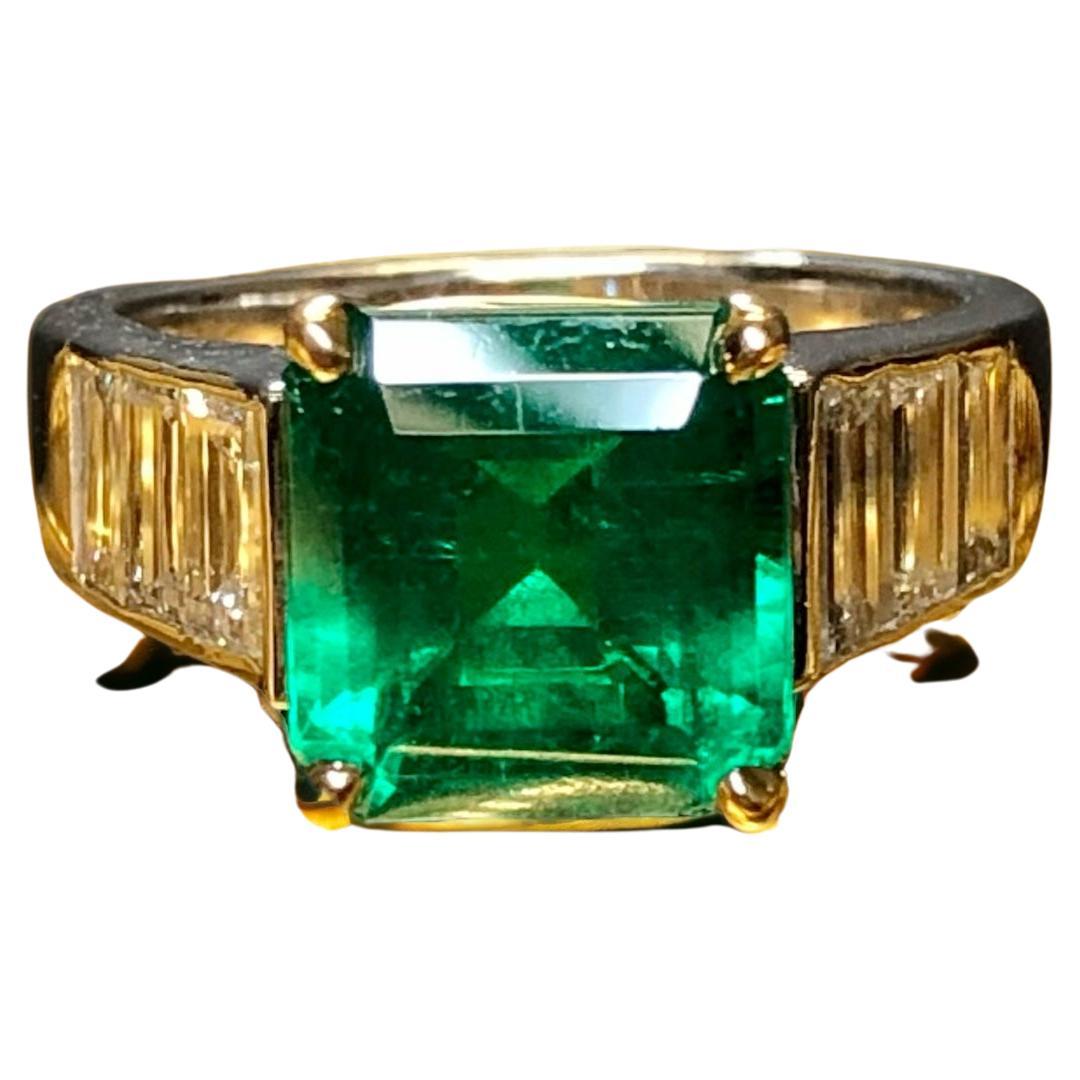 IMPORTANT 18K 4.08ct Square Colombian Emerald Baguette Diamond Ring AGL Report  For Sale