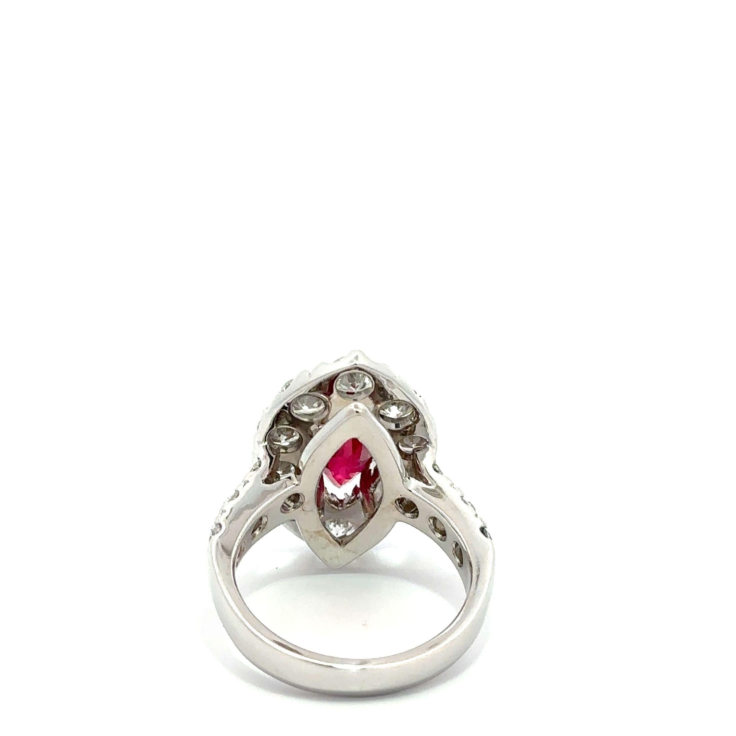 IMPORTANT 18k Gold 2.85ctw GIA Burma Marquise Ruby & Diamond Halo Cocktail Ring In Excellent Condition For Sale In Montclair, NJ