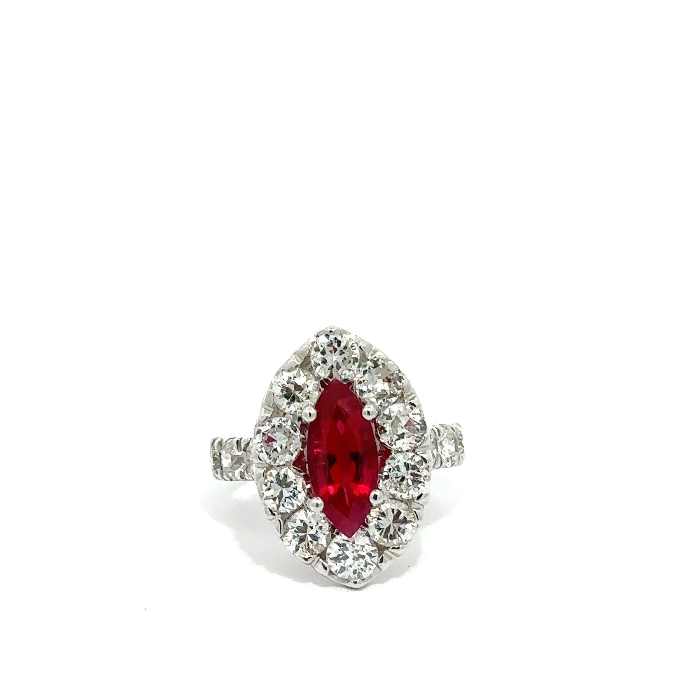 IMPORTANT 18k Gold 2.85ctw GIA Burma Marquise Ruby & Diamond Halo Cocktail Ring For Sale 1