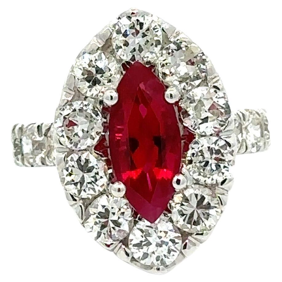 IMPORTANT 18k Gold 2.85ctw GIA Burma Marquise Ruby & Diamond Halo Cocktail Ring For Sale