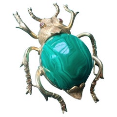 Important 18K gold Ruby malachite Scarab brooch