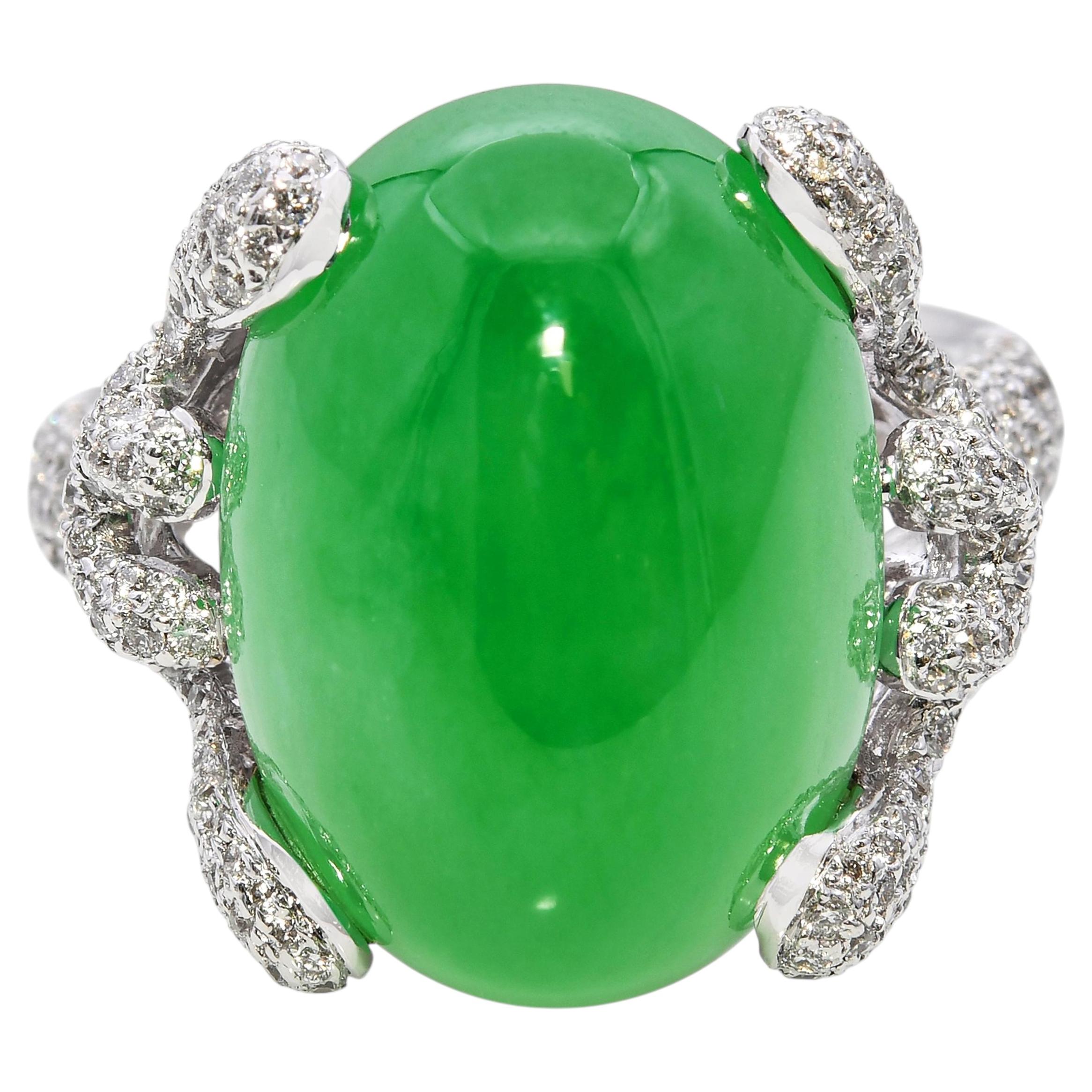 Important 18K White Gold 22ct Burmese Type A Apple Green Jadeite Cabochon Ring