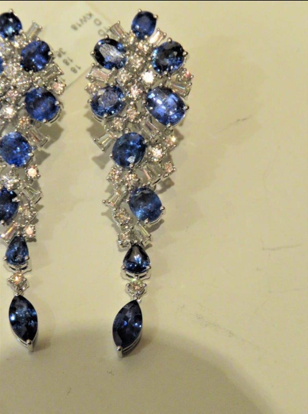 Oval Cut Important 18KT Estate 20CT Fancy Ceylon Blue Sapphire Diamond Dangle Earrings For Sale