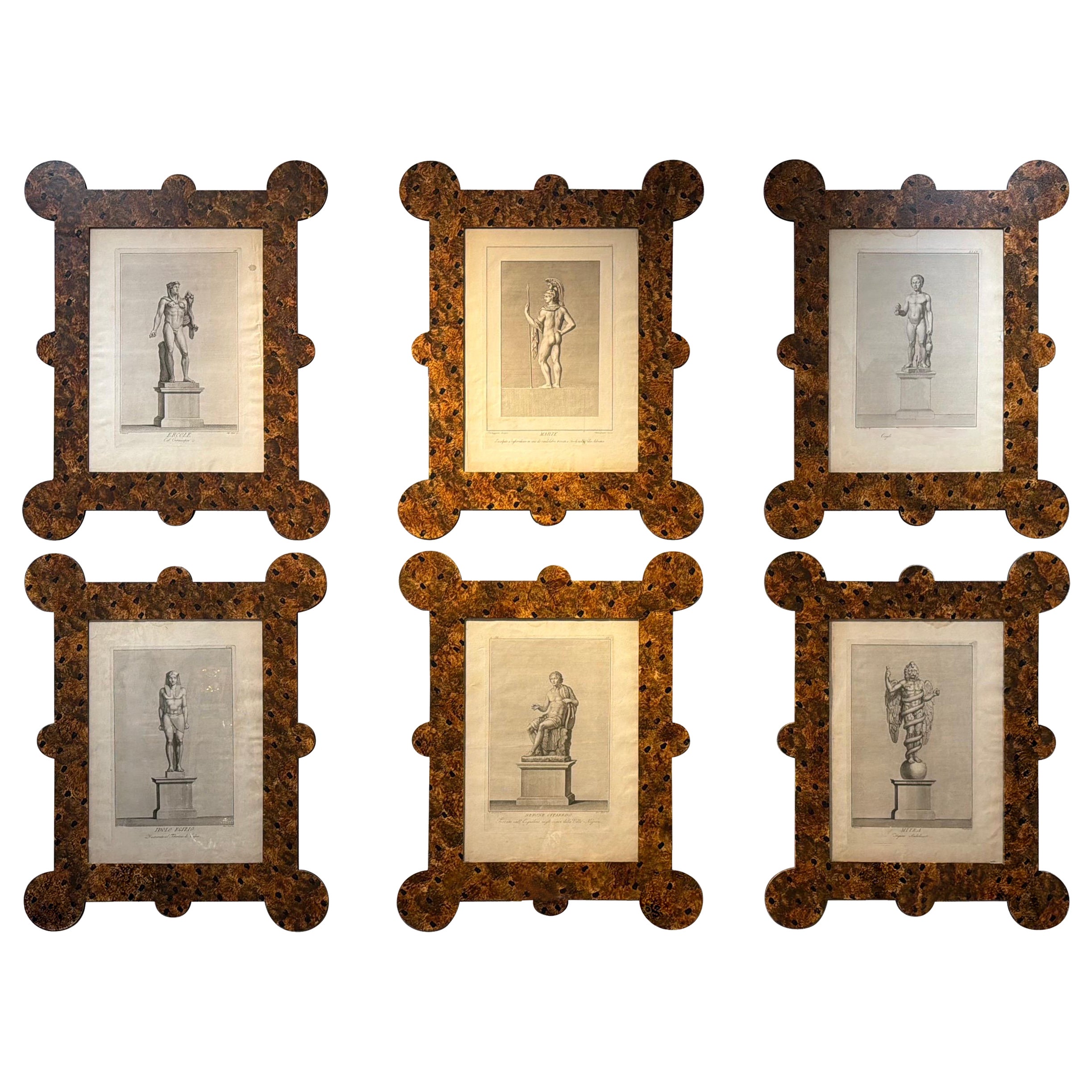 Important 18th century classical engravings in hand painted faux tortoise frames