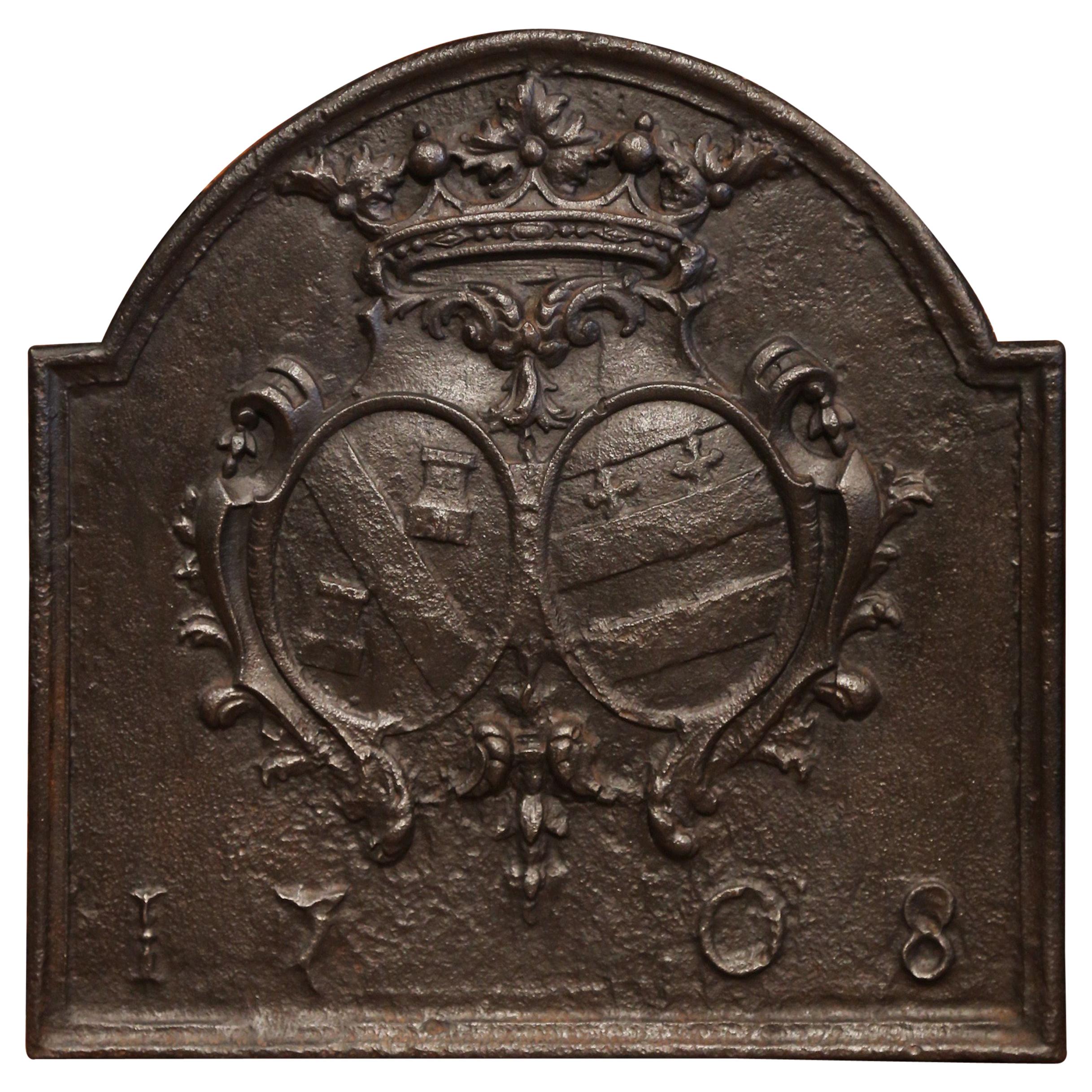Important 18th Century French Louis XIV Iron Fireback with Crest Dated 1708