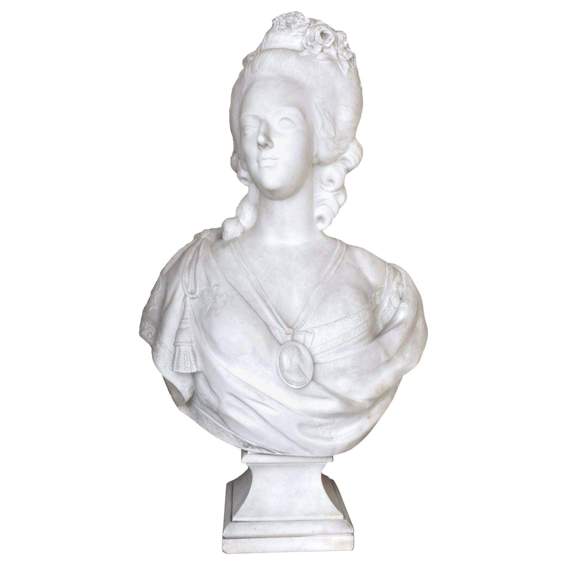  18th Century French Carved Marie Antoinette Marble Bust After F. Lecomte