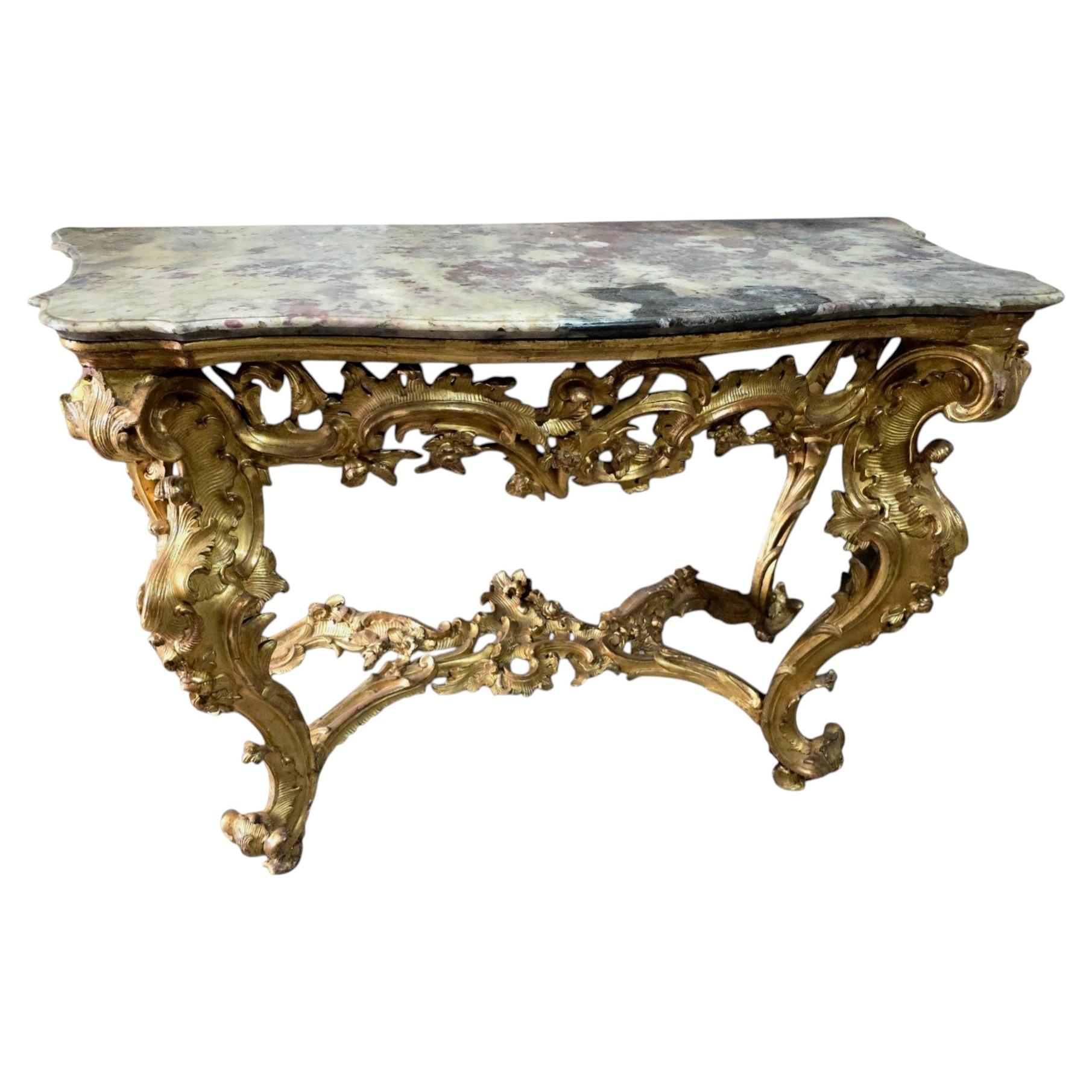 Important 18th Century Italian Giltwood Console Table with Marble Top