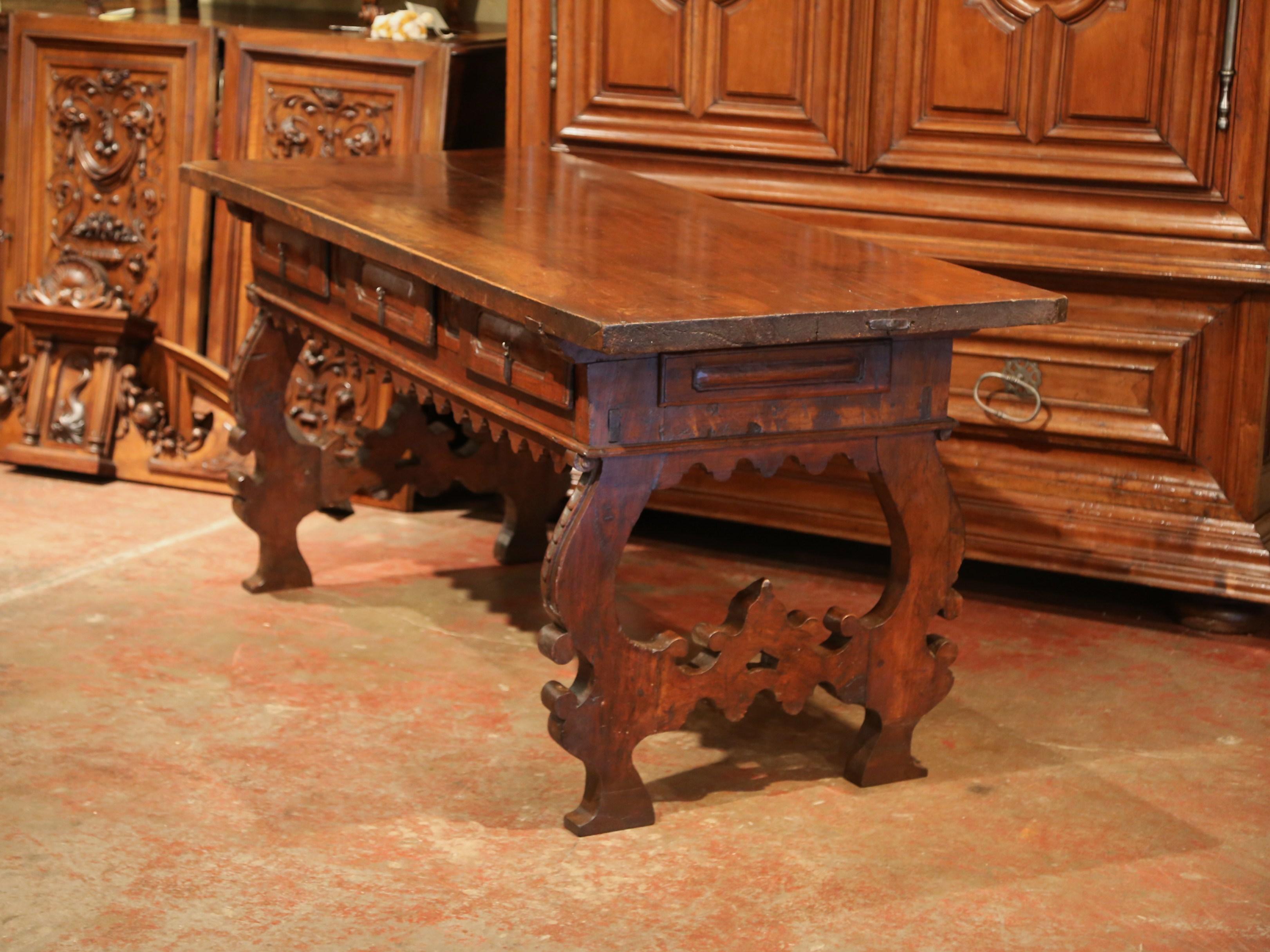 Hand-Carved 18th Century Spanish Carved Walnut Console Table with Secret Drawers
