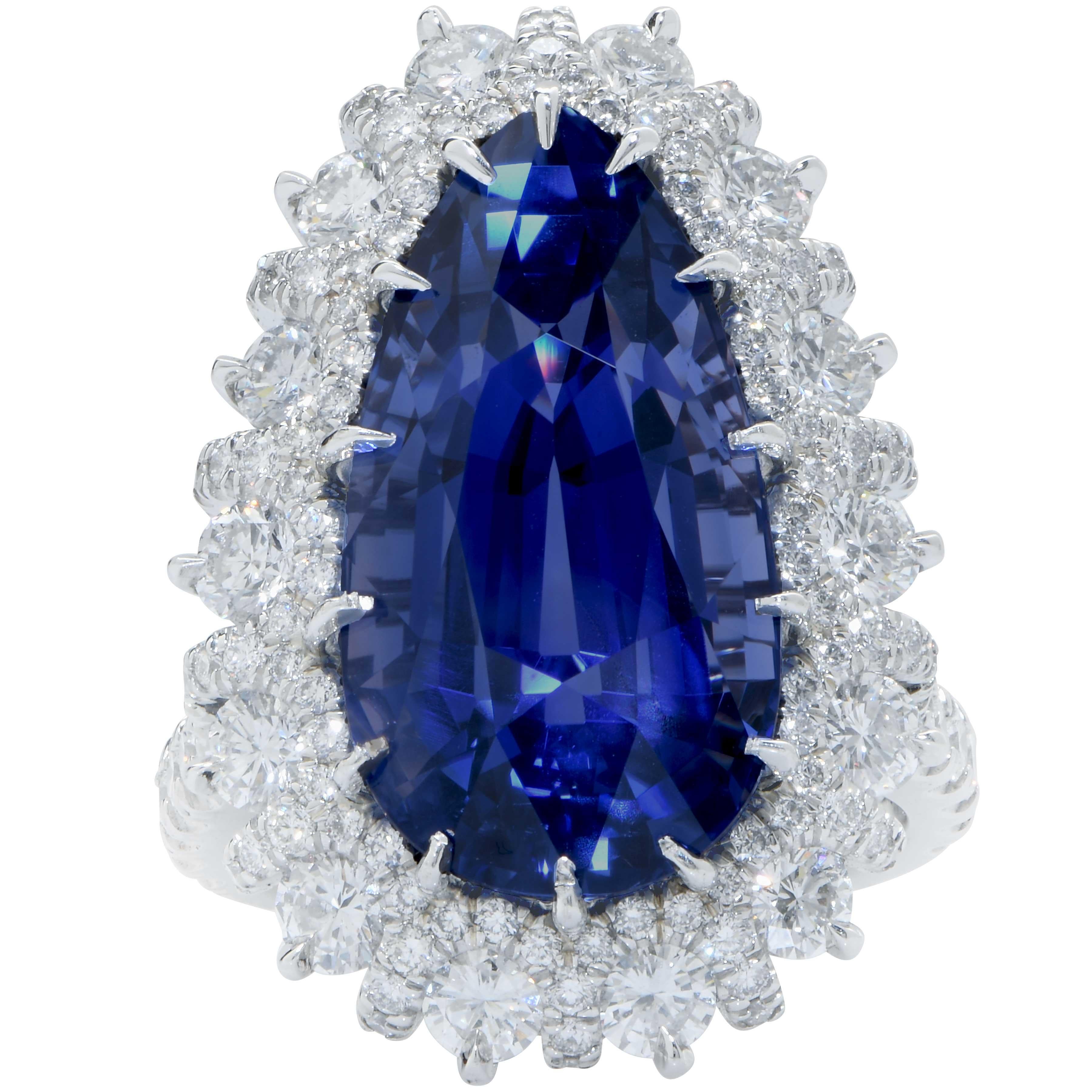 Modern Important 19 Carat AGL Graded Pear Shaped Sapphire and Diamond Ring For Sale