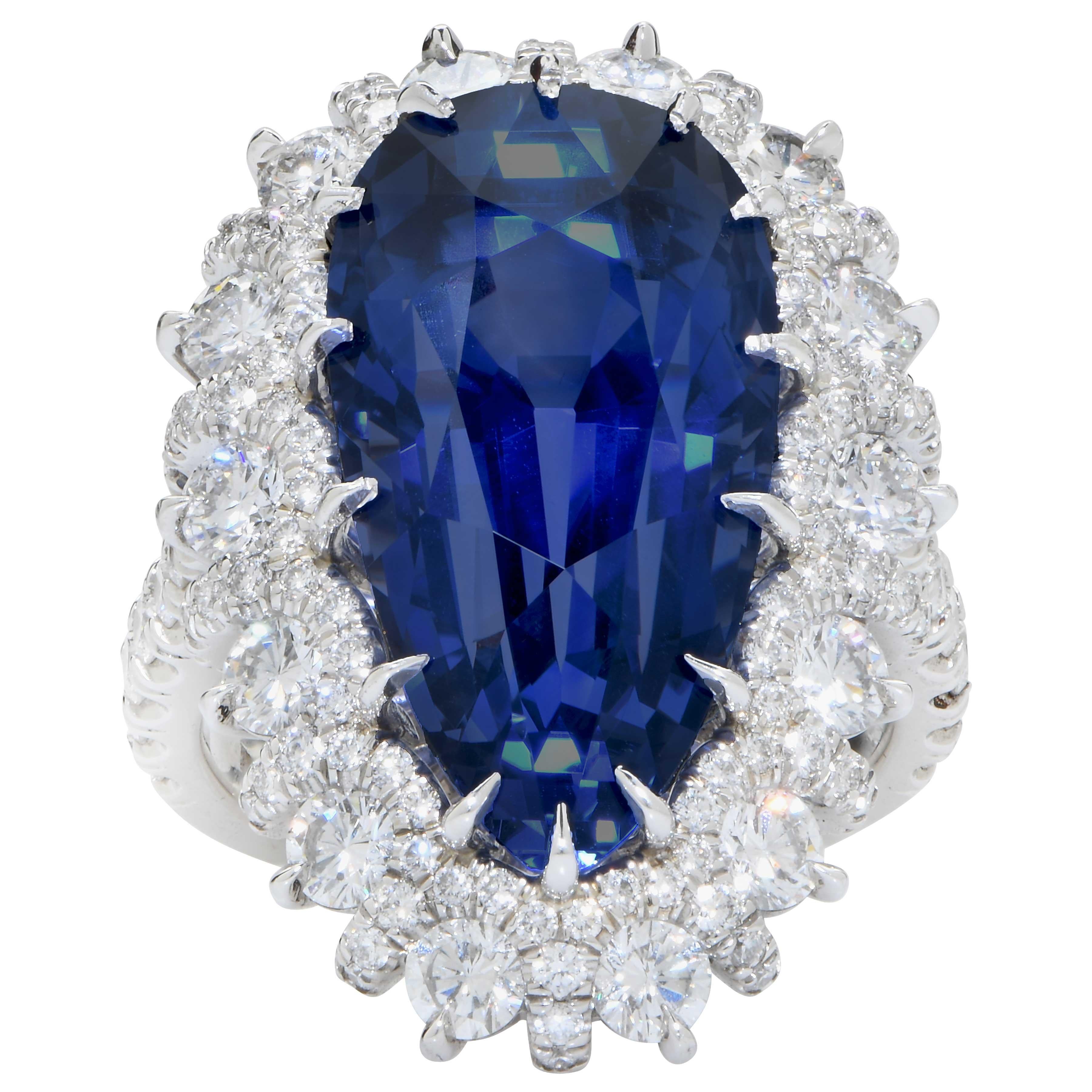 Pear Cut Important 19 Carat AGL Graded Pear Shaped Sapphire and Diamond Ring For Sale