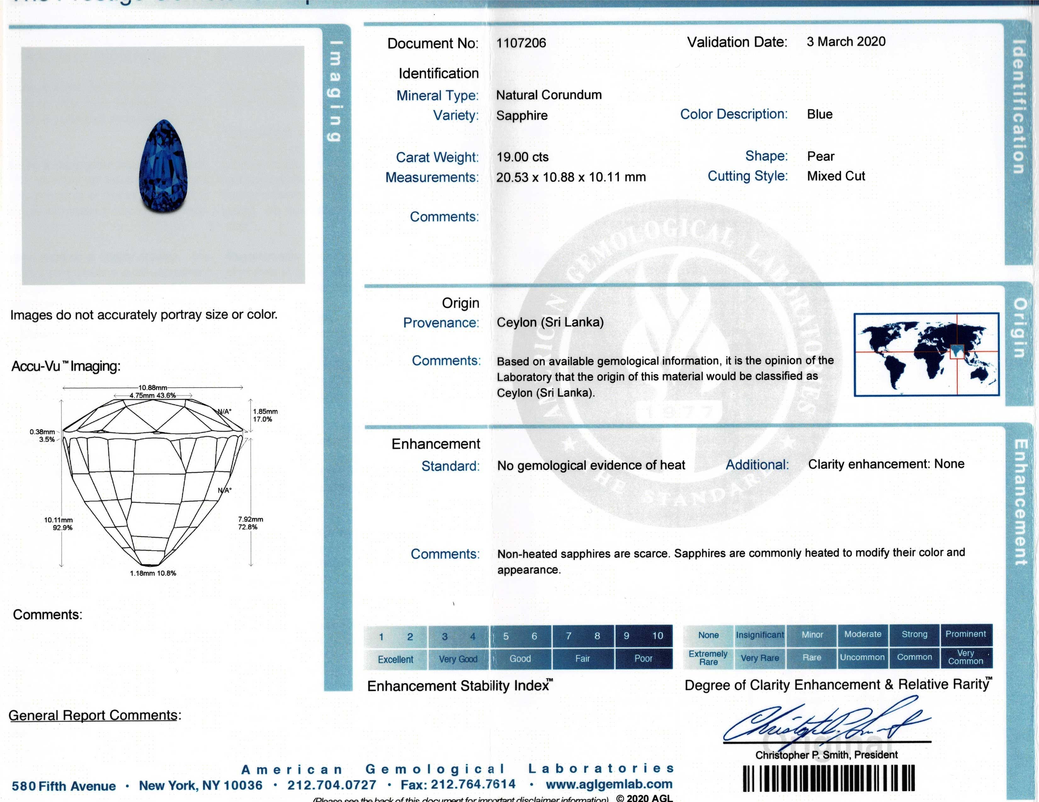 Important 19 Carat AGL Graded Pear Shaped Sapphire and Diamond Ring In Excellent Condition For Sale In Bay Harbor Islands, FL