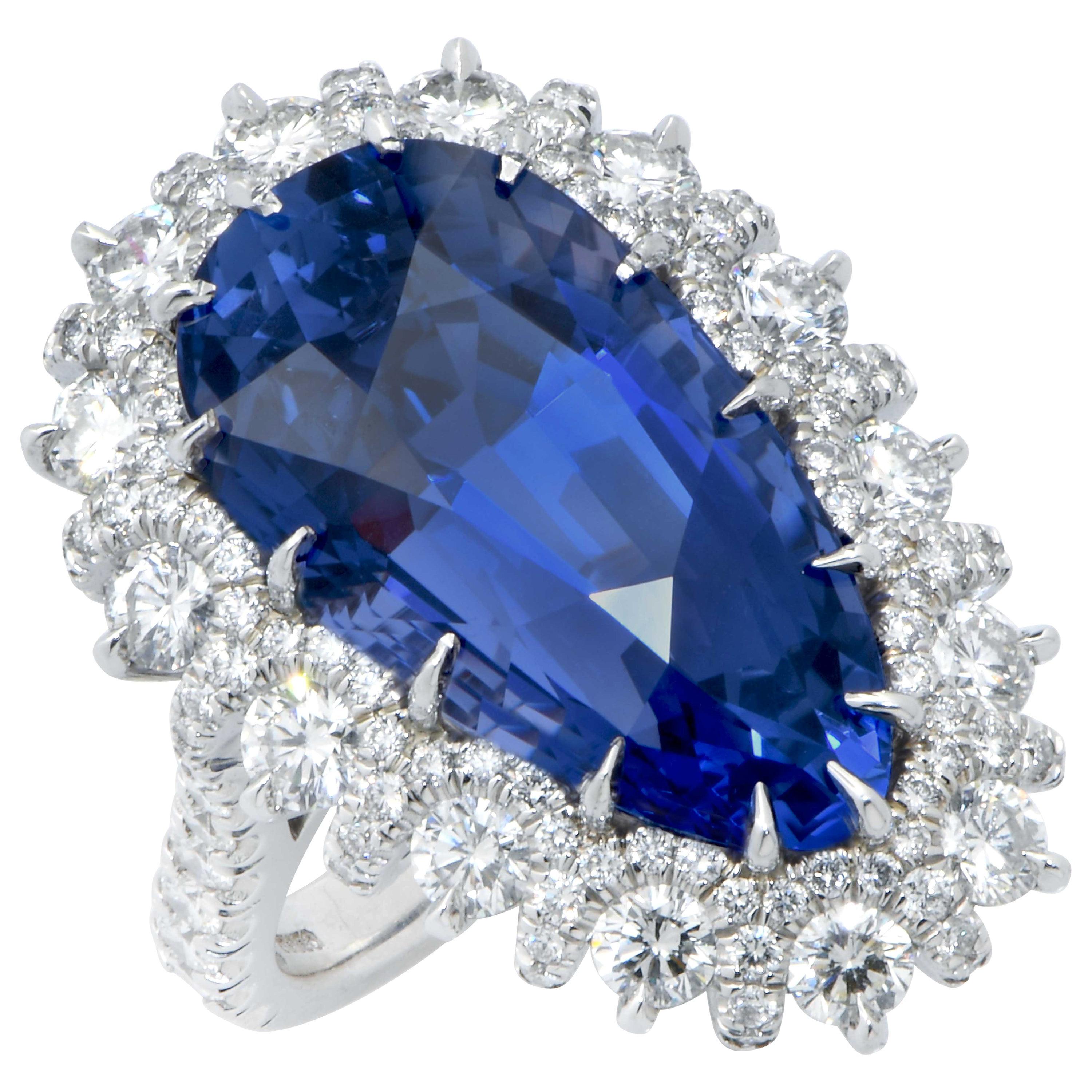Important 19 Carat AGL Graded Pear Shaped Sapphire and Diamond Ring