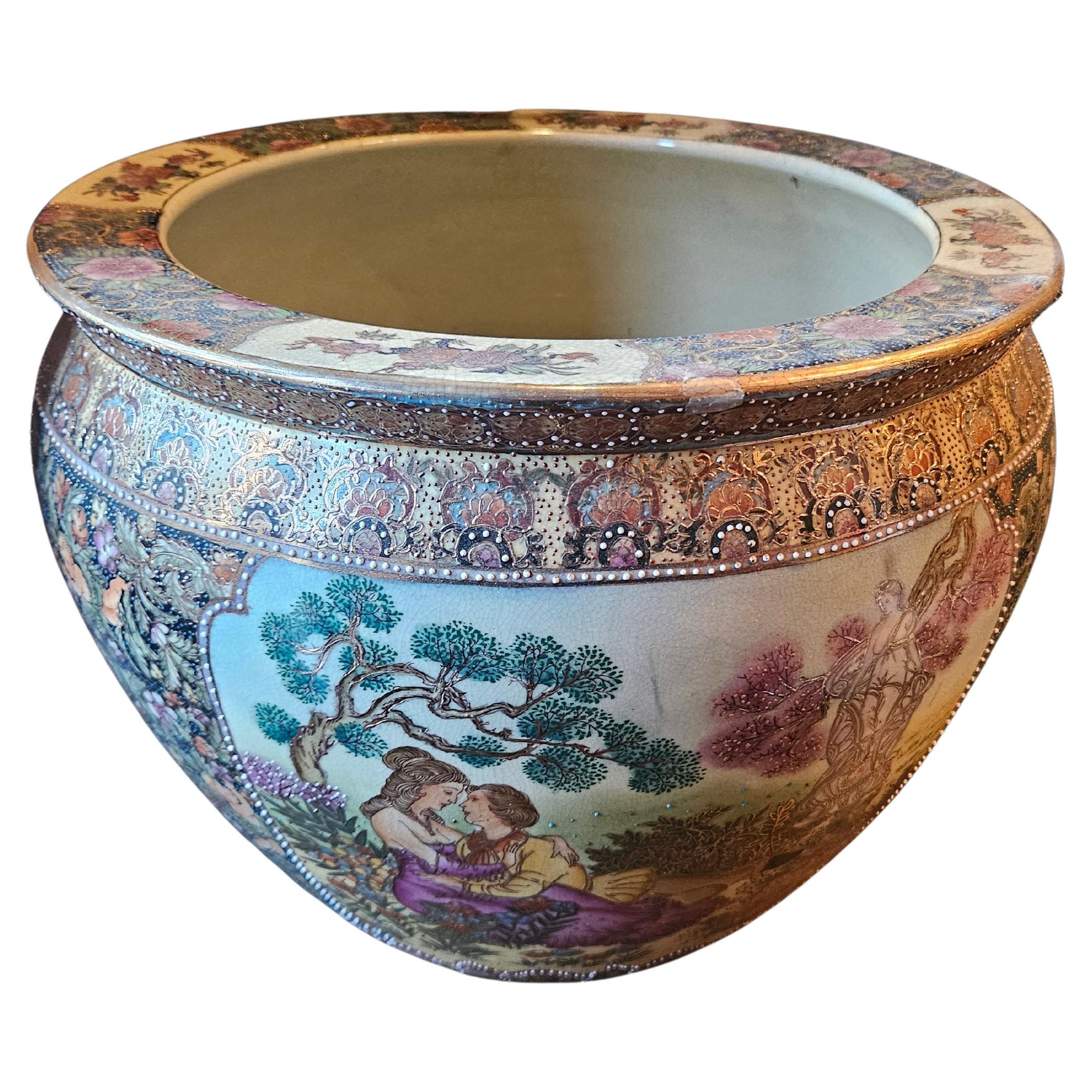 Important bol jardinière chinois de style Famille Rose des années 1900 peint à la main