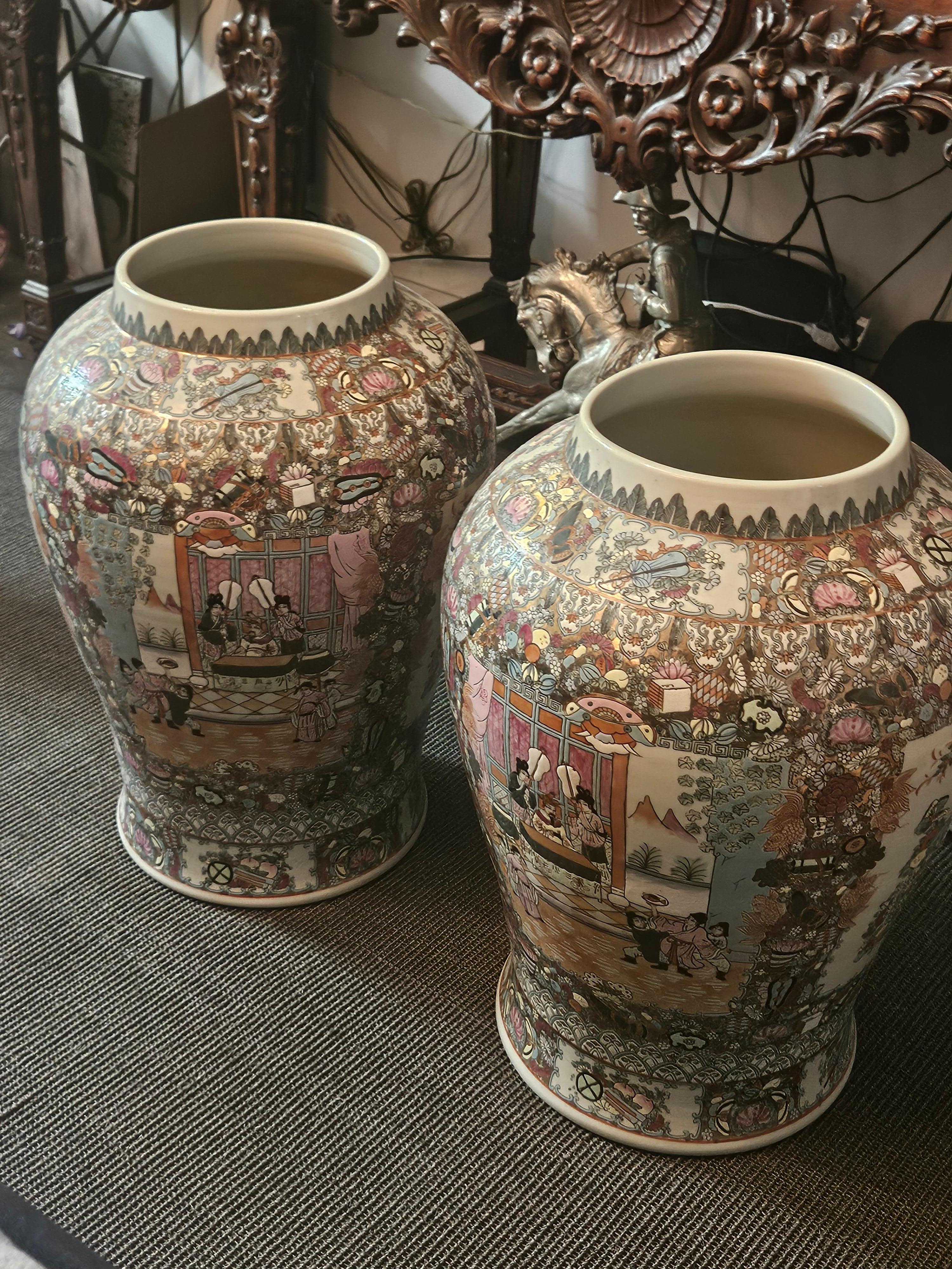 Asian Important 1900's Chinese Famille Rose Style Handpainted Porcelain Planter Urns For Sale