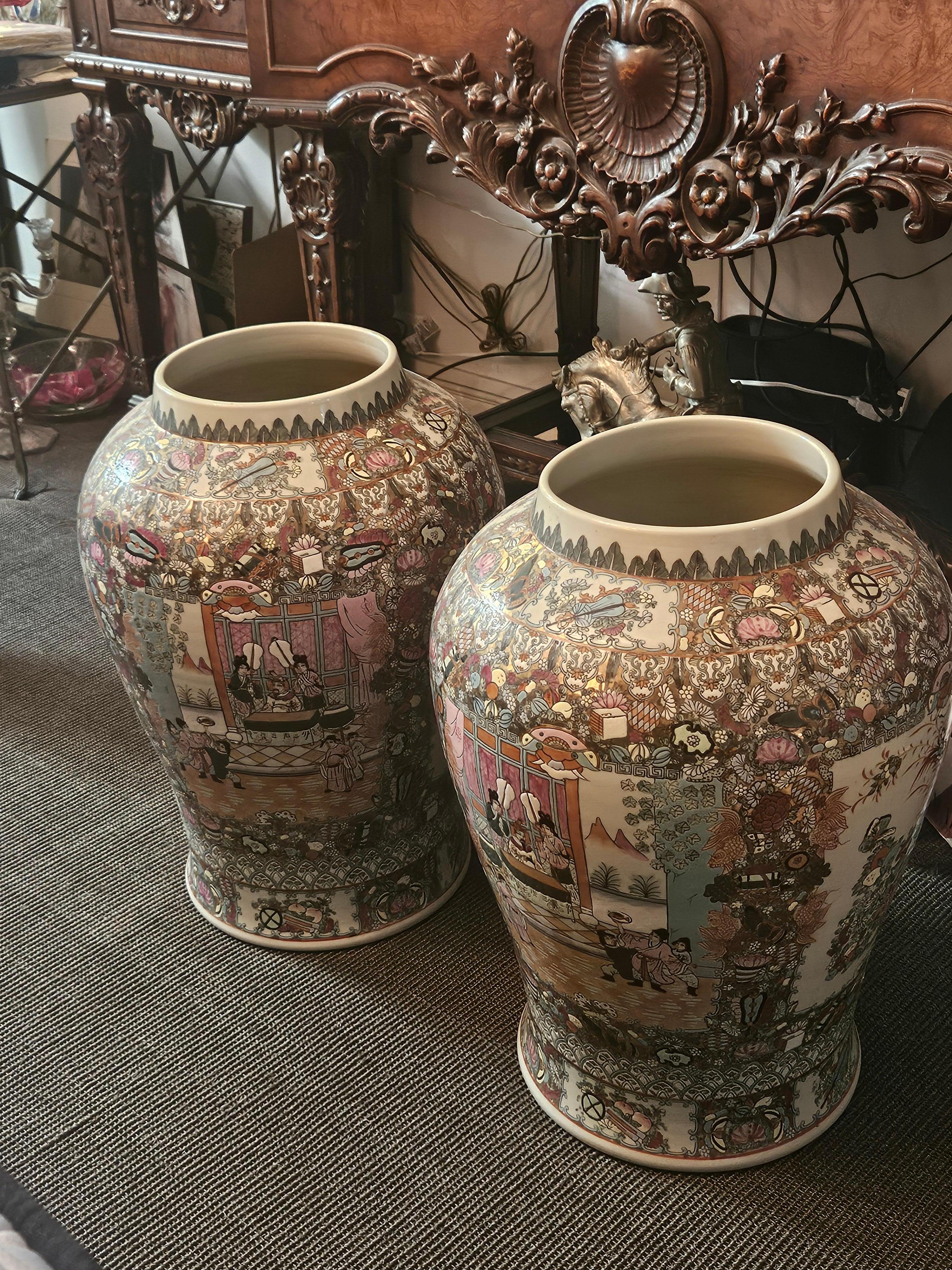 Important 1900's Chinese Famille Rose Style Handpainted Porcelain Planter Urns For Sale 3