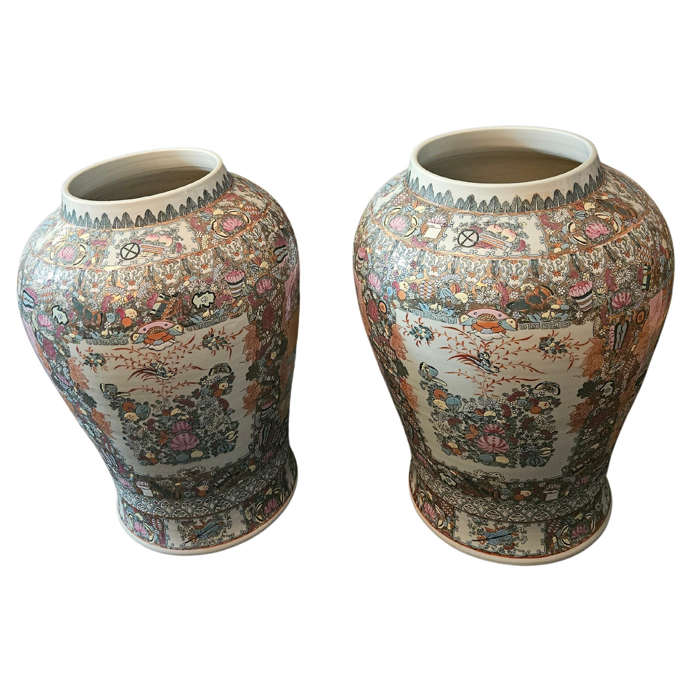 Important 1900's Chinese Famille Rose Style Handpainted Porcelain Planter Urns For Sale