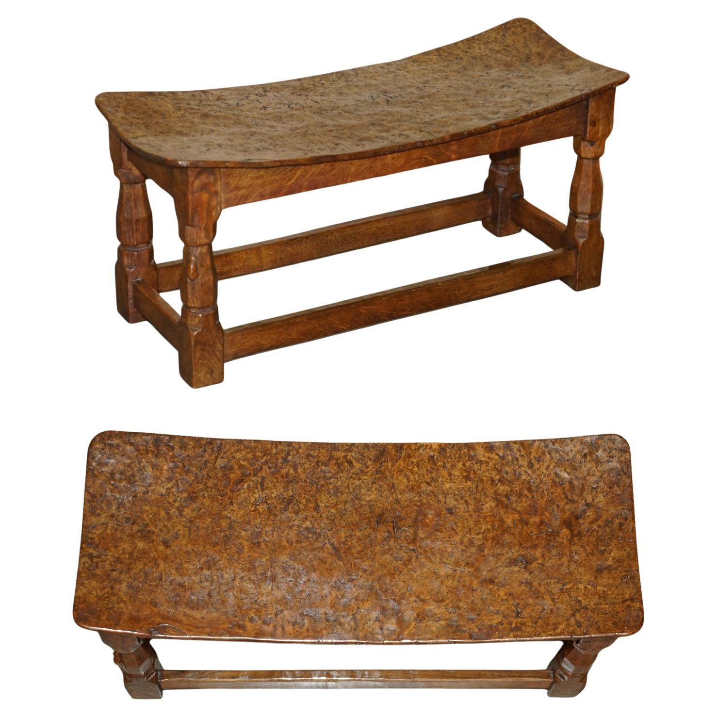 IMPORTANT 1930's BURR OAK ROBERT MOUSEMAN THOMPSON STOOL WITH PERIOD CURVED TOP For Sale