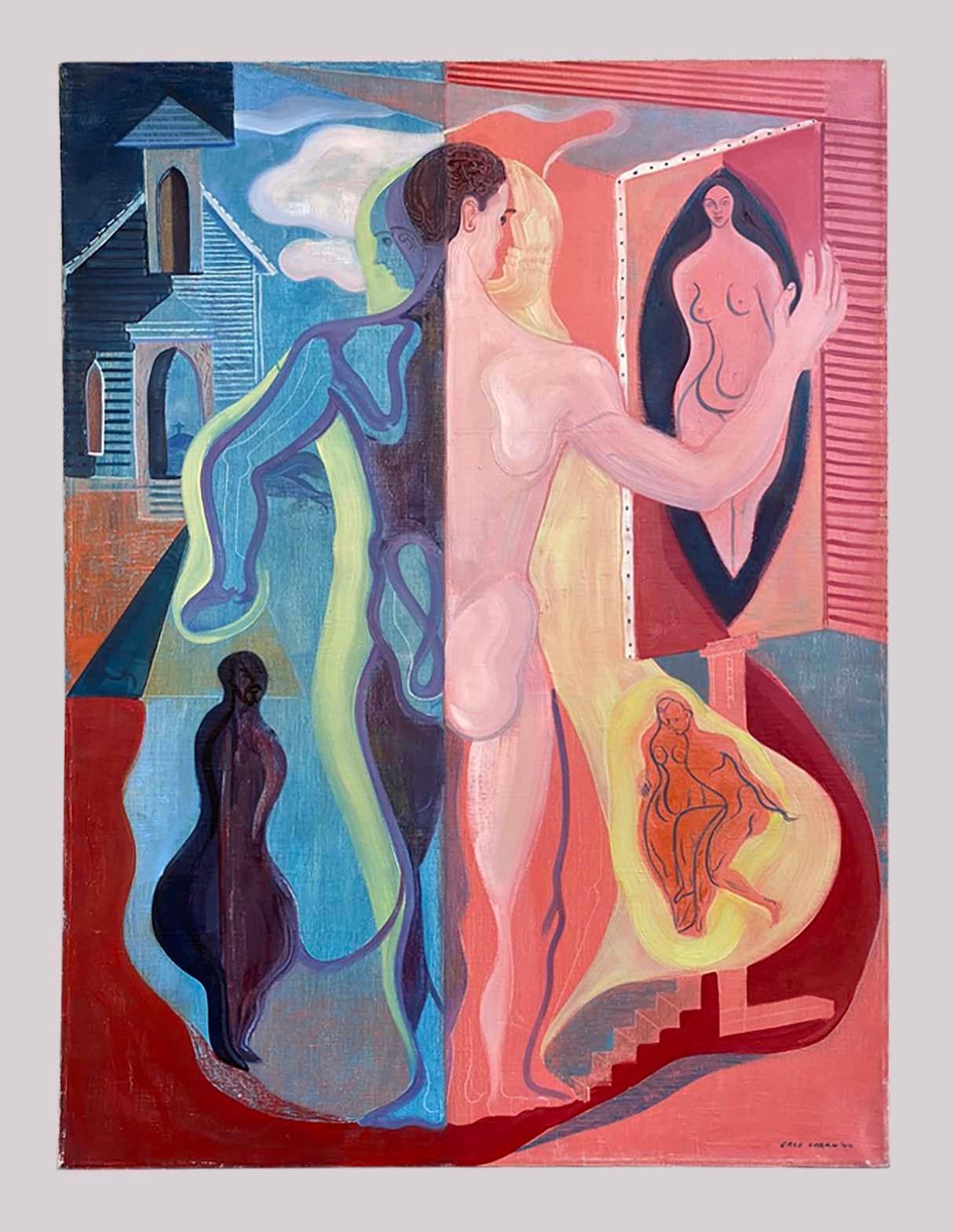 Dieses Gemälde ist neu auf dem Markt und wurde Mitte der 1990er Jahre direkt von Erle Loran (1905-1999) in seinem Haus in Berkeley Hills erworben. Lorans surrealistisches Werk aus der Mitte der 1940er Jahre ist sehr begehrt, und dieses ist eines
