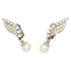 Important 1950s 18ct White Gold Diamond Earrings with Japanese Cultured Pearls