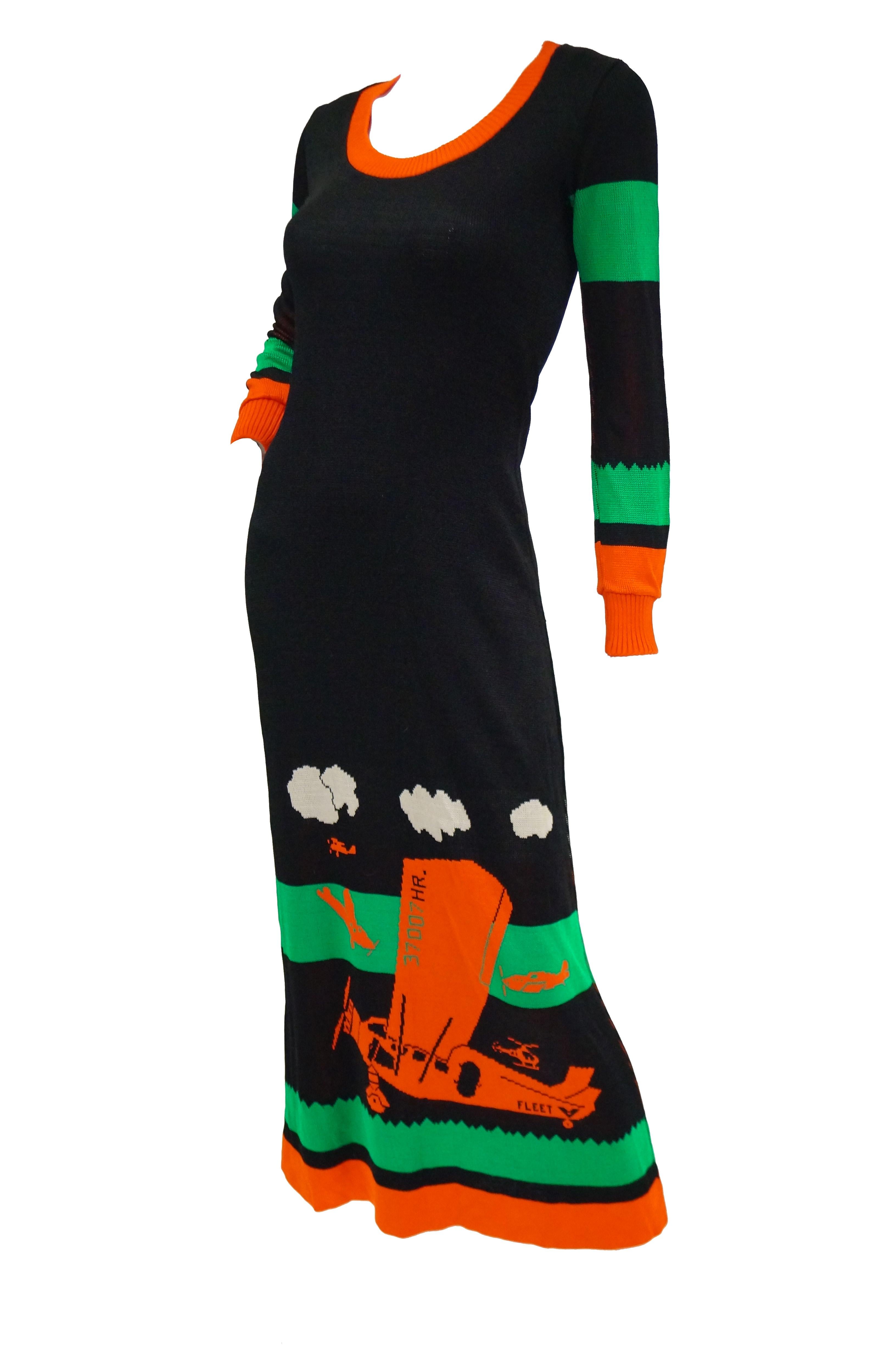 Black 1970s Giorgio di Sant' Angelo Biplane Intarsia Knit Maxi Dress For Sale