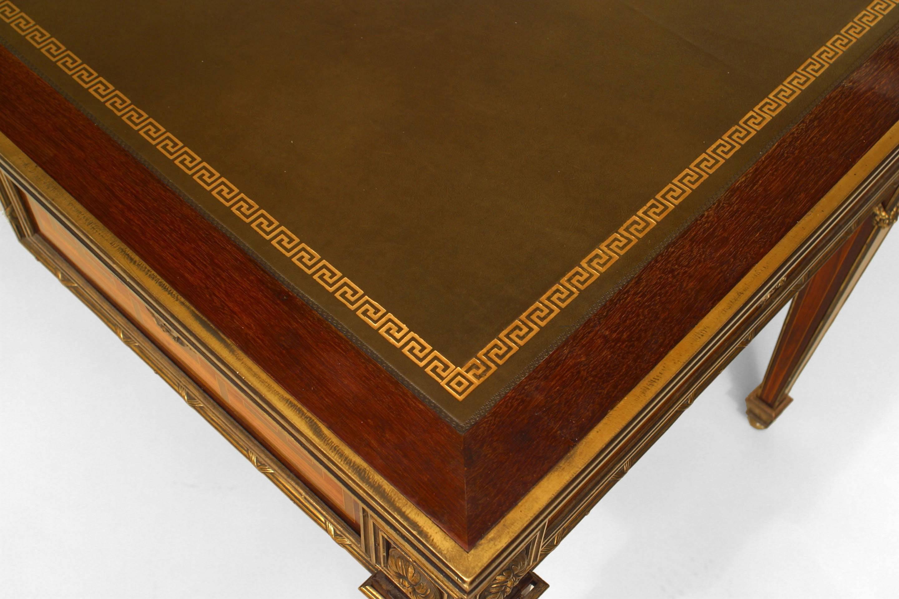 French Louis XVI style (English-19th Century) mahogany table desk with 3 drawers and various inlaid woods with bronze trim & swags on legs with a leather top (WROTHAM PARK)
