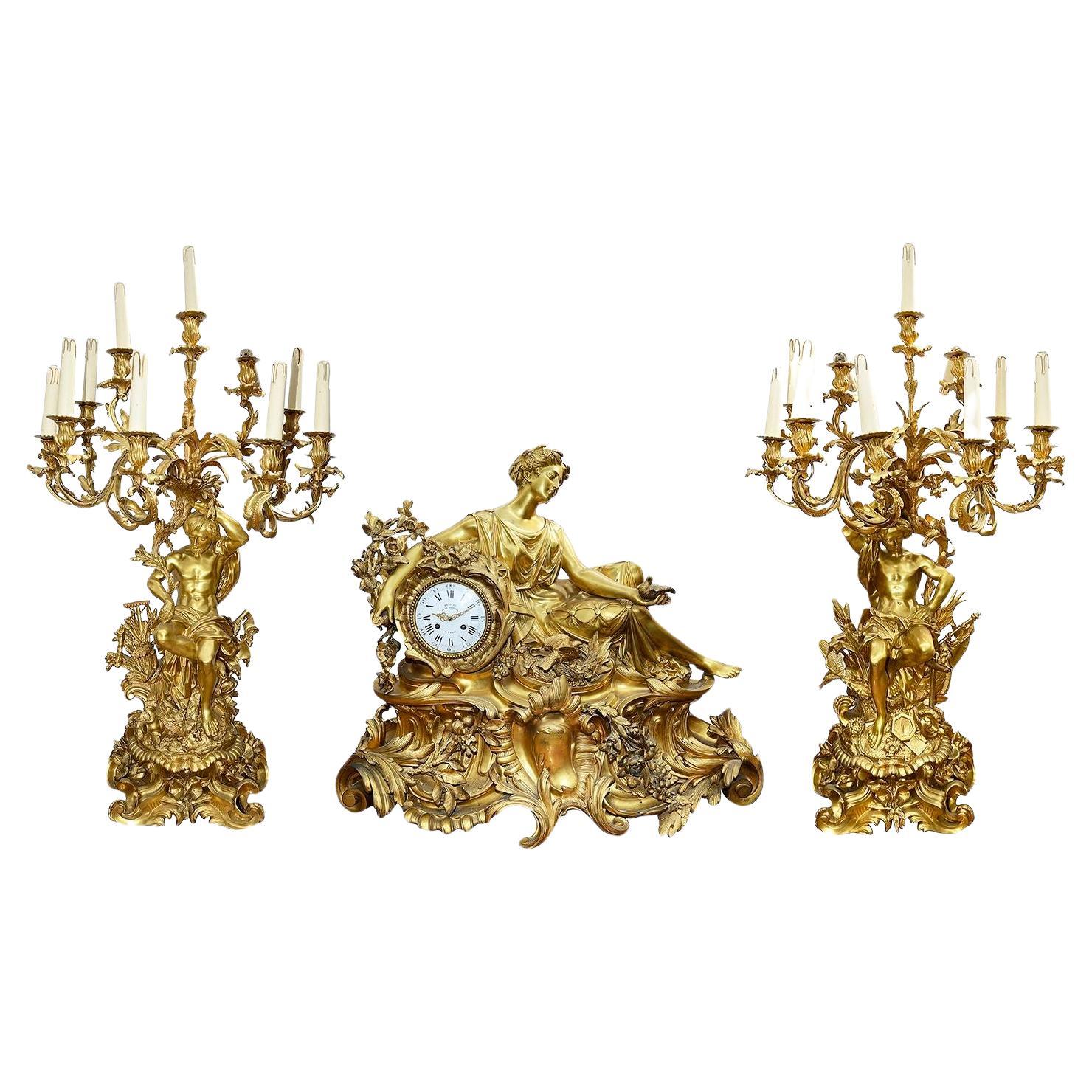 Important 19th Century French clock garniture by Deniere. For Sale