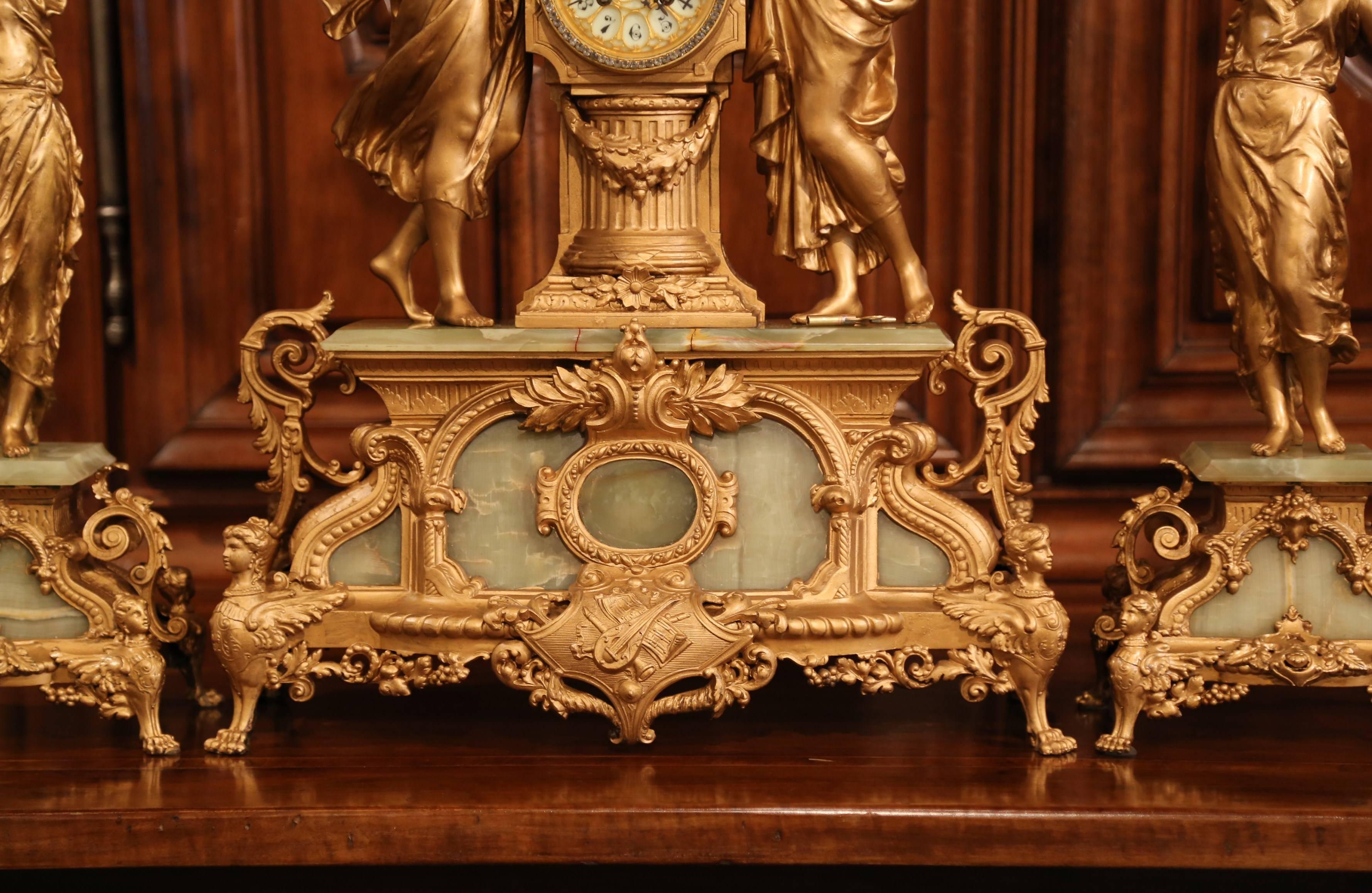 Important 19th Century French Gilt Metal and Onyx Clock Set Signed E Rancoulet 6