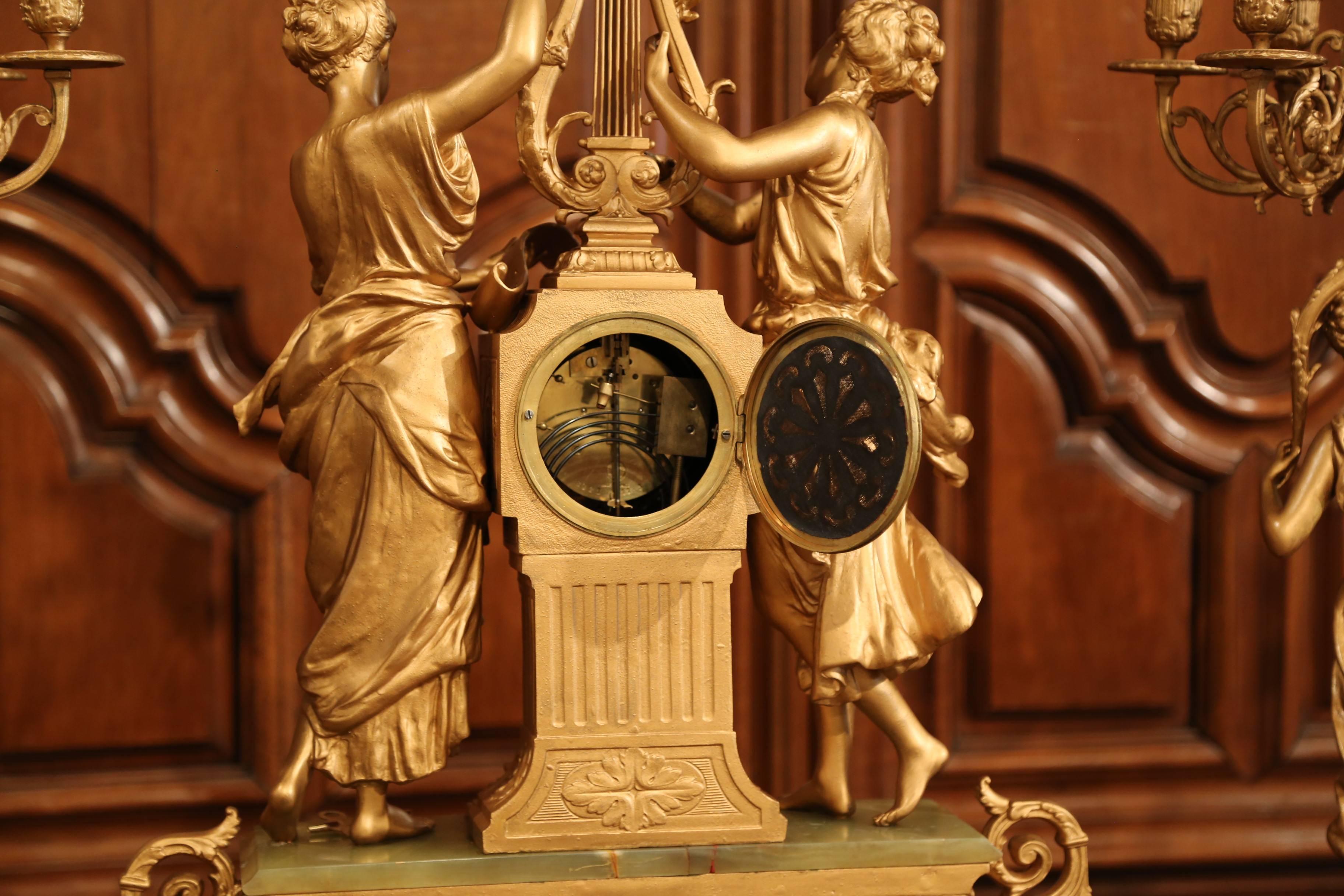 Important 19th Century French Gilt Metal and Onyx Clock Set Signed E Rancoulet 11