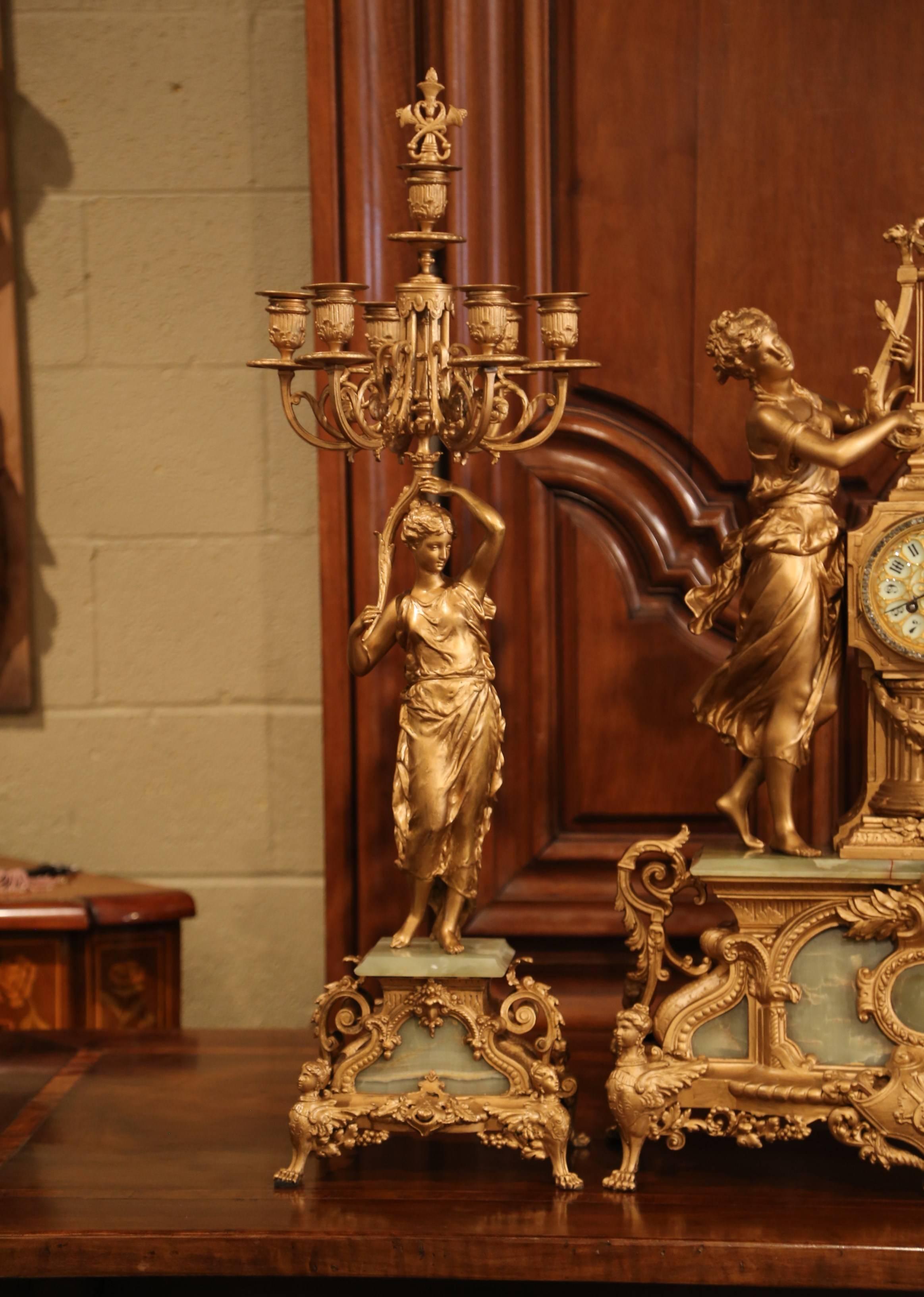 Important 19th Century French Gilt Metal and Onyx Clock Set Signed E Rancoulet In Excellent Condition In Dallas, TX