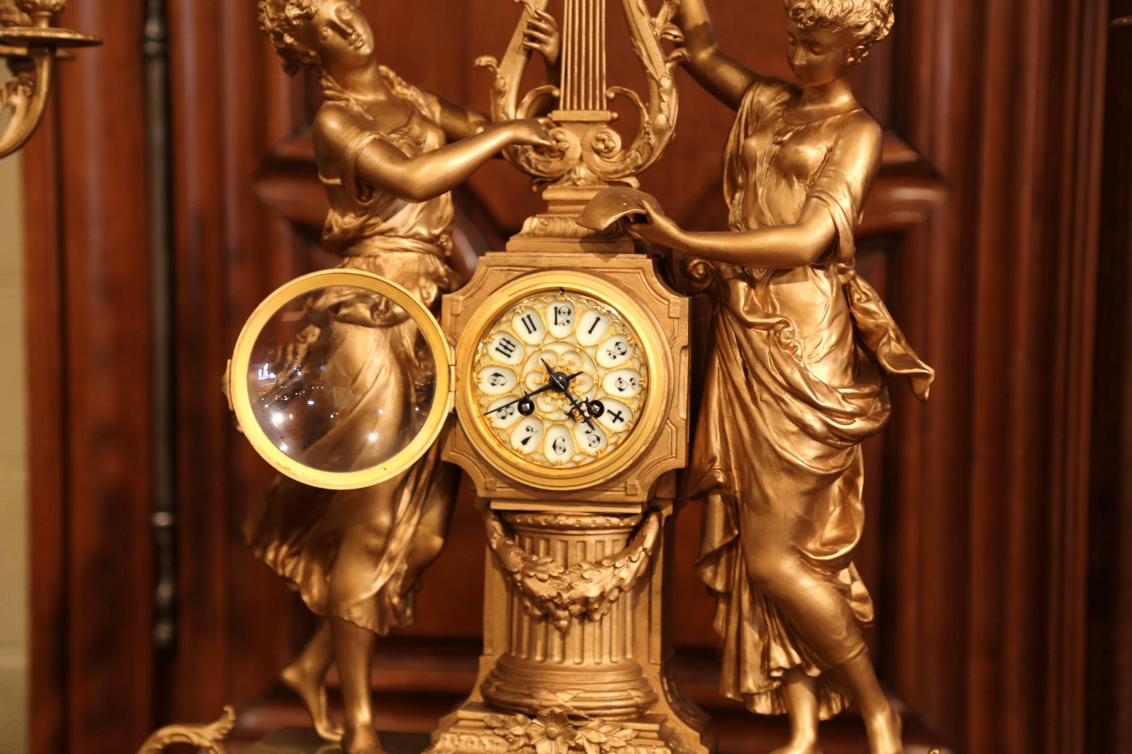 Important 19th Century French Gilt Metal and Onyx Clock Set Signed E Rancoulet 5