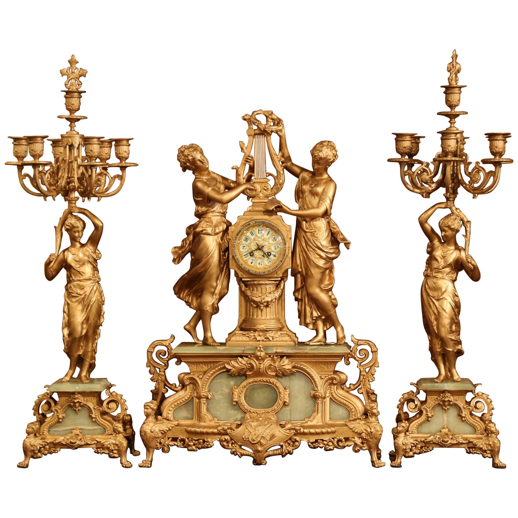 Important 19th Century French Gilt Metal and Onyx Clock Set Signed E Rancoulet