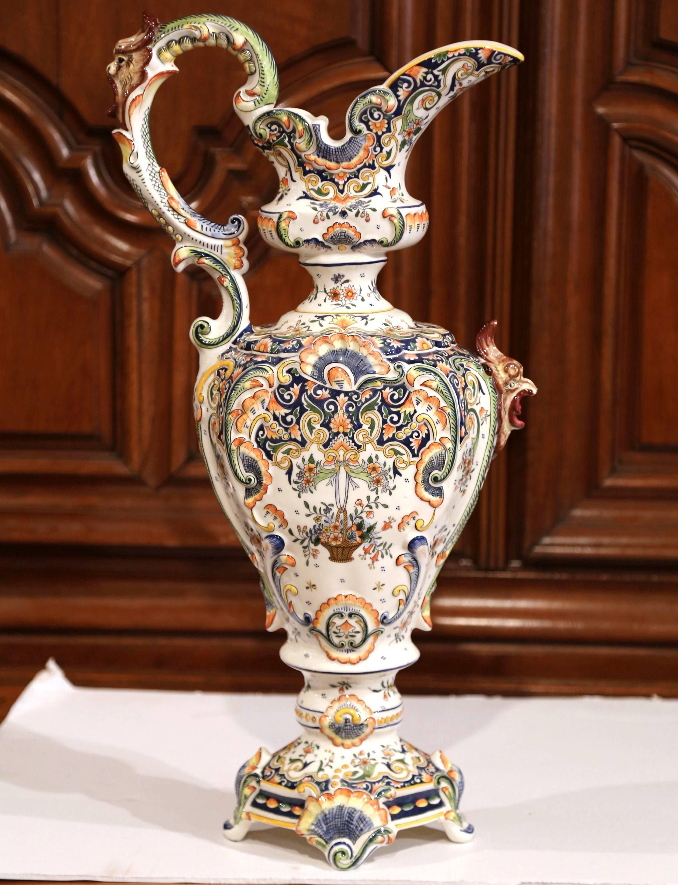 Hand-Crafted 19th Century French Hand Painted Faience Ewer Vase from Boulogne For Sale