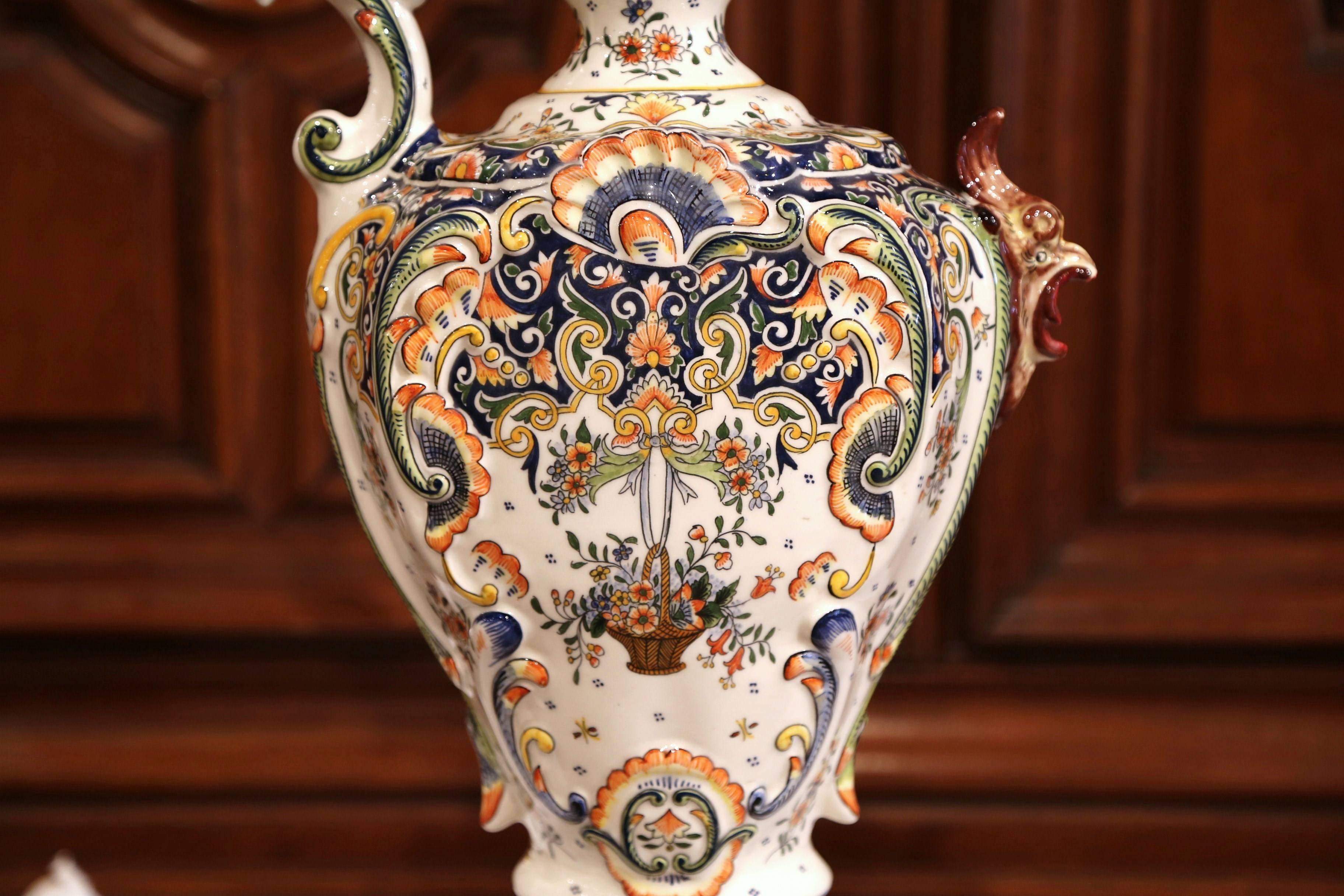 19th Century French Hand Painted Faience Ewer Vase from Boulogne In Excellent Condition For Sale In Dallas, TX