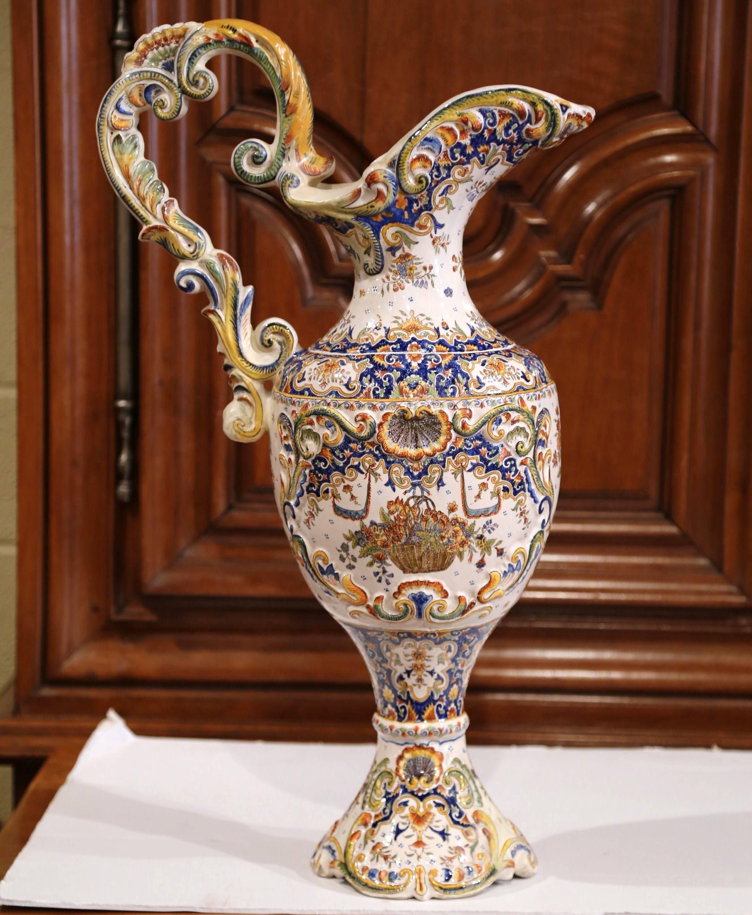 Louis XV 19th Century French Hand Painted Faience Ewer Vase from Normandy For Sale