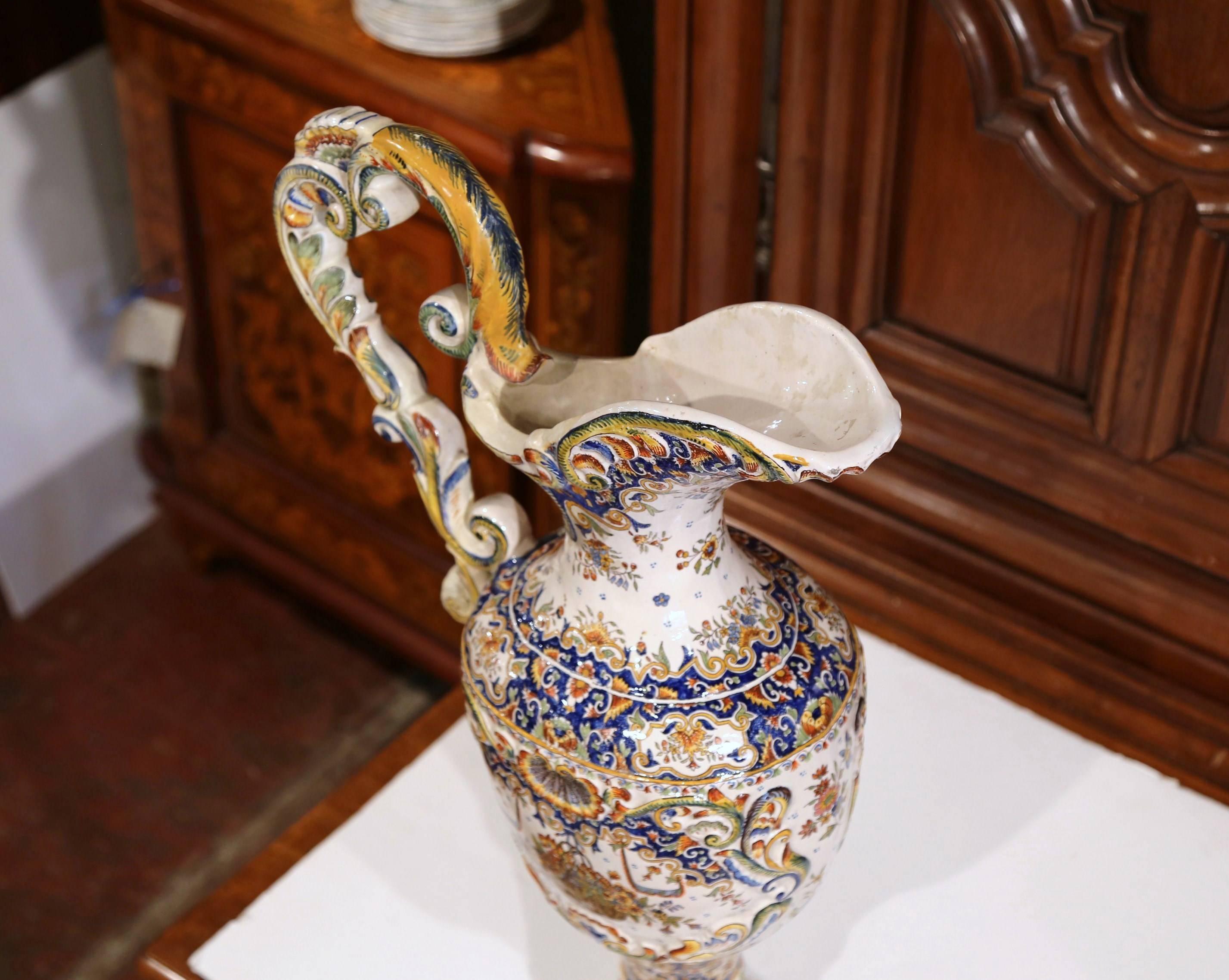 Hand-Crafted 19th Century French Hand Painted Faience Ewer Vase from Normandy For Sale