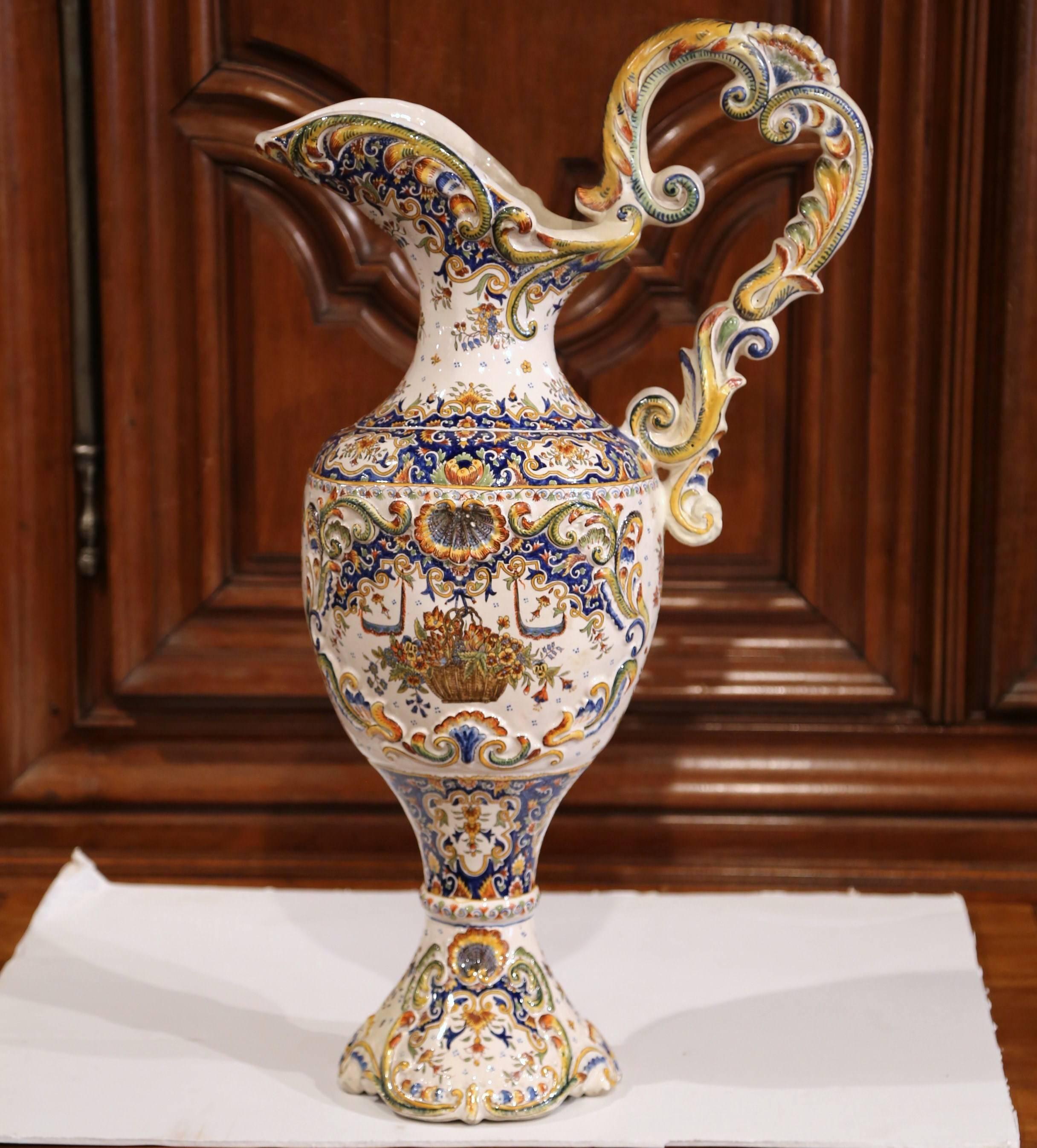 19th Century French Hand Painted Faience Ewer Vase from Normandy In Excellent Condition For Sale In Dallas, TX