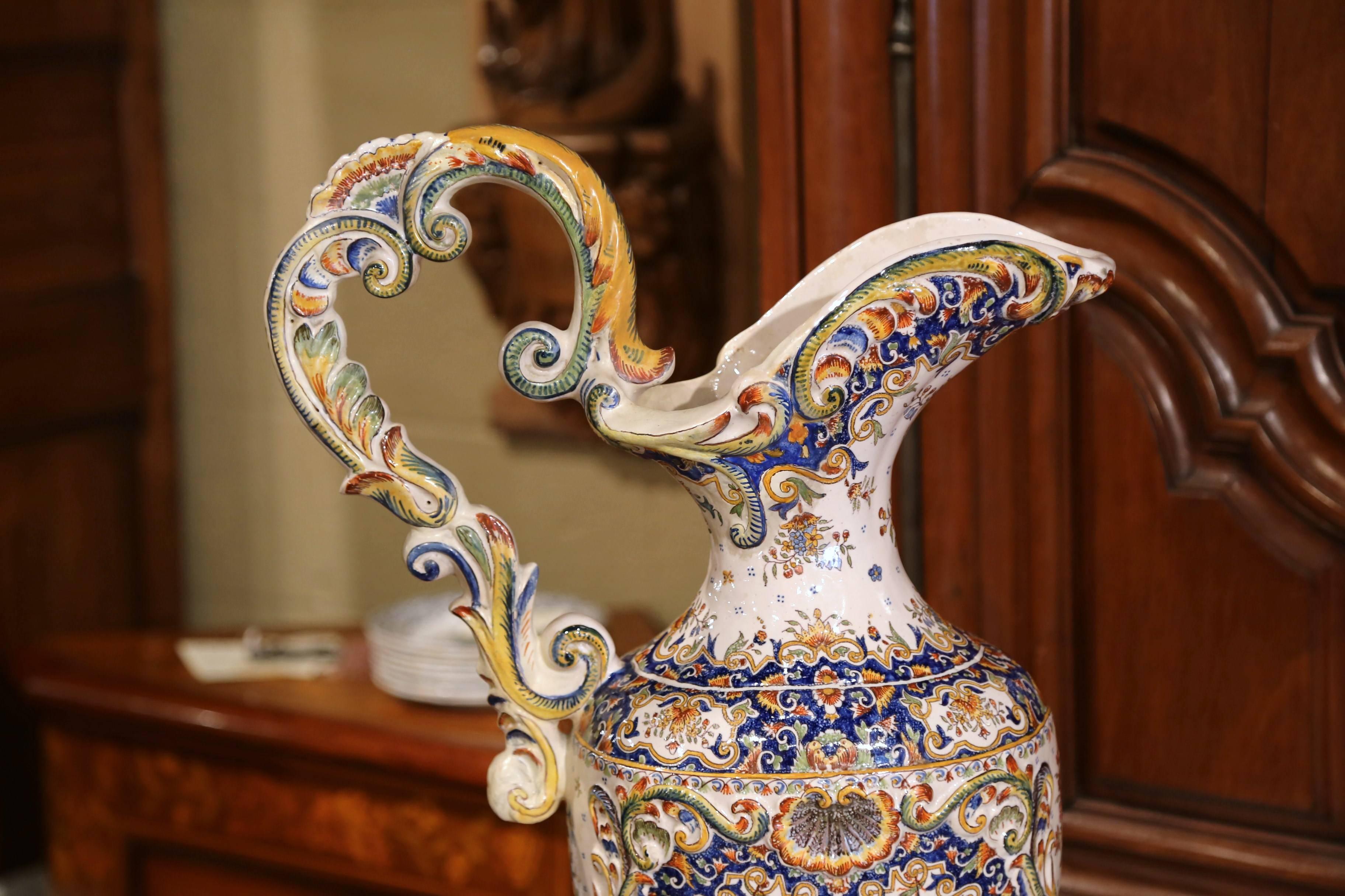 Ceramic 19th Century French Hand Painted Faience Ewer Vase from Normandy For Sale