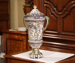 19th Century French Hand Painted Ceramic Vase with Lid from Normandy