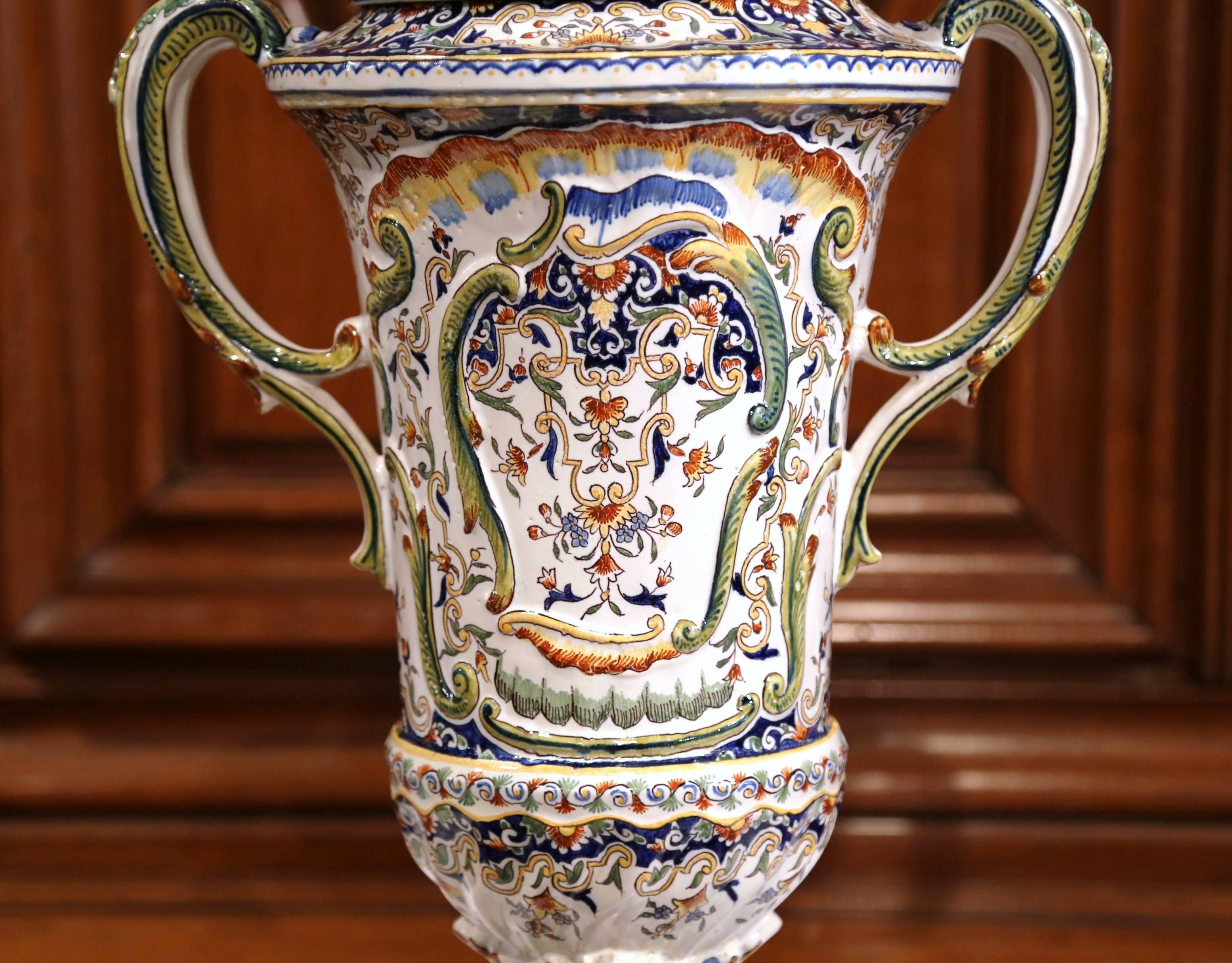 Louis XV 19th Century French Hand Painted Ceramic Vase with Lid from Normandy For Sale
