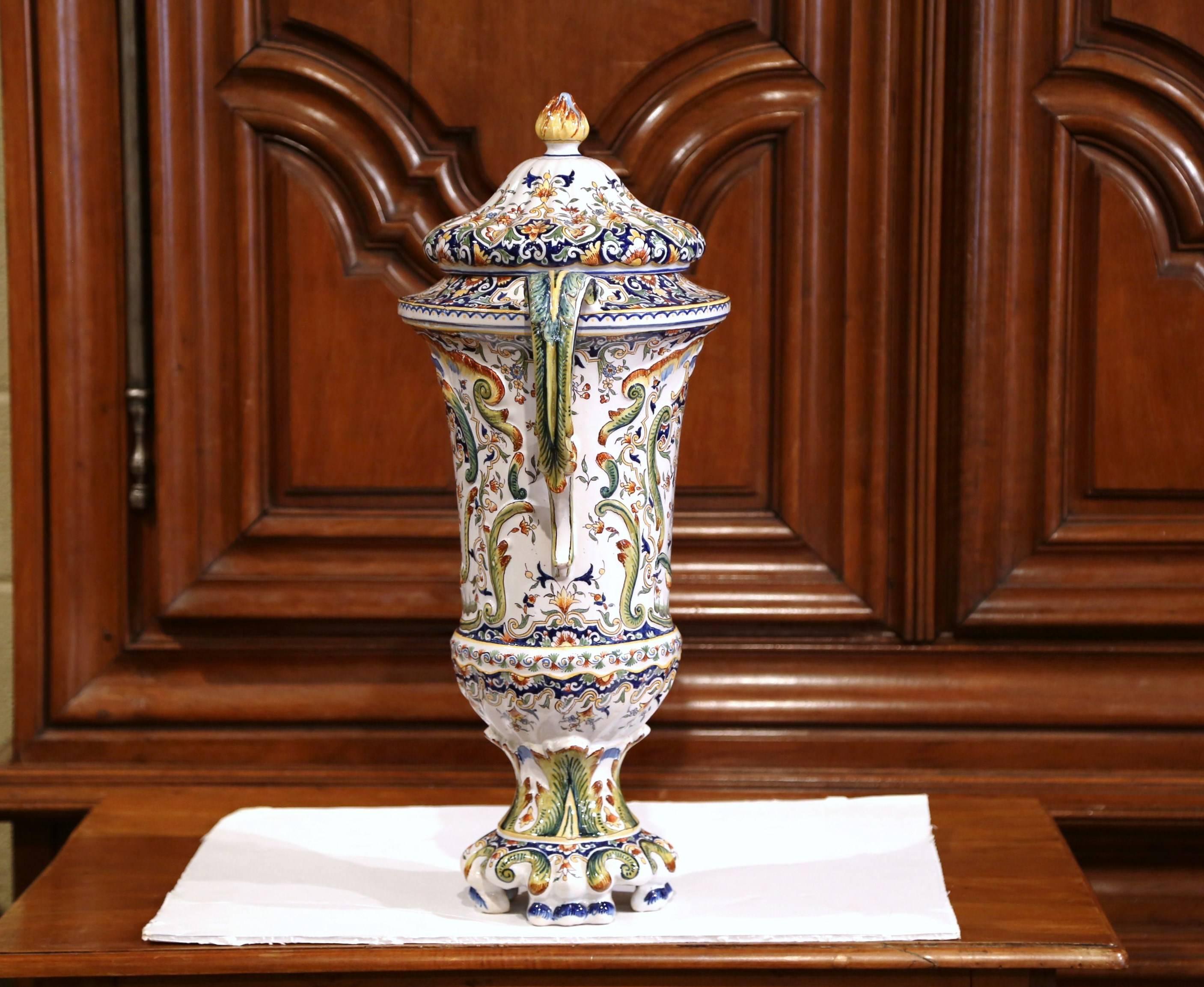 Hand-Crafted 19th Century French Hand Painted Ceramic Vase with Lid from Normandy For Sale