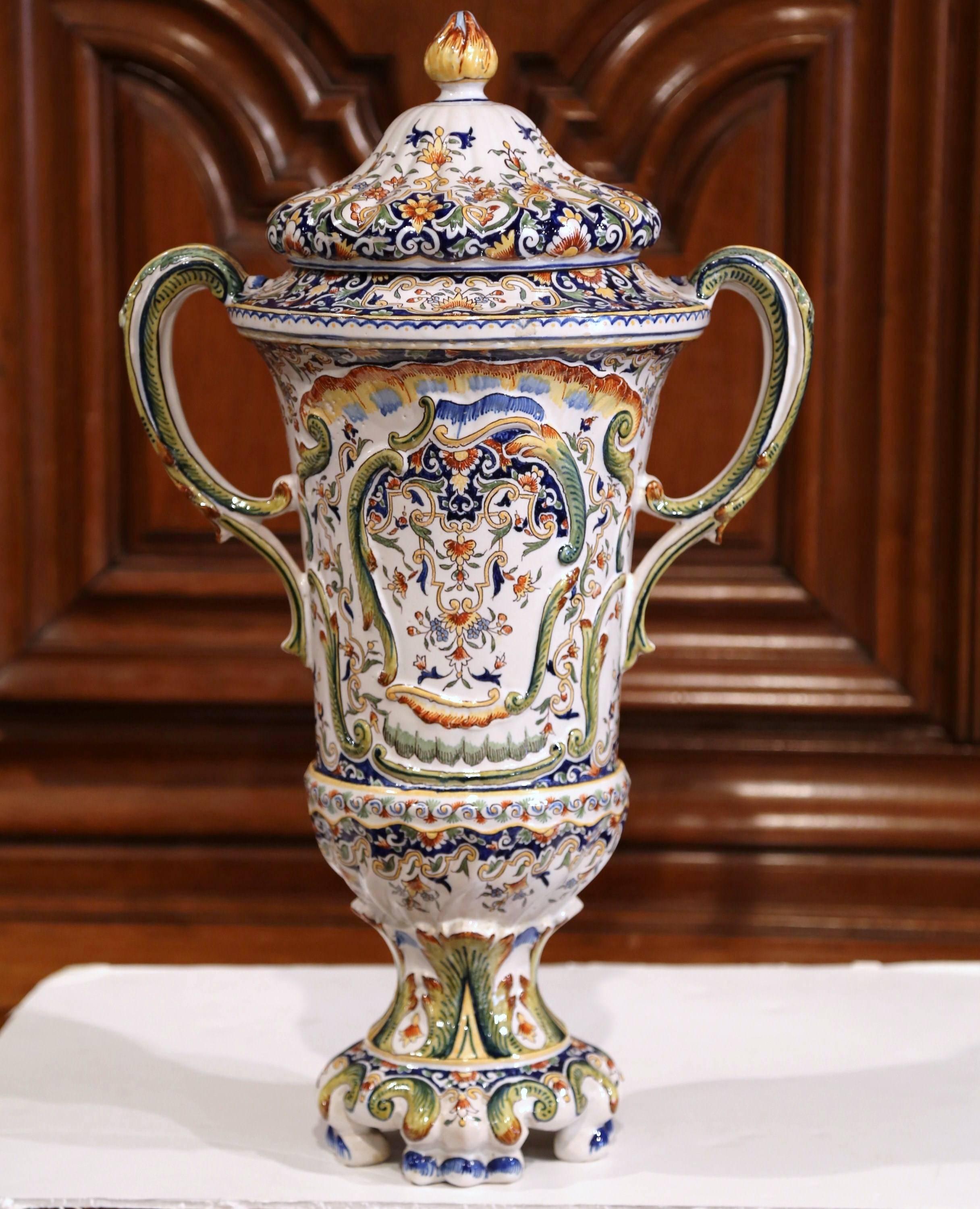 19th Century French Hand Painted Ceramic Vase with Lid from Normandy In Excellent Condition For Sale In Dallas, TX