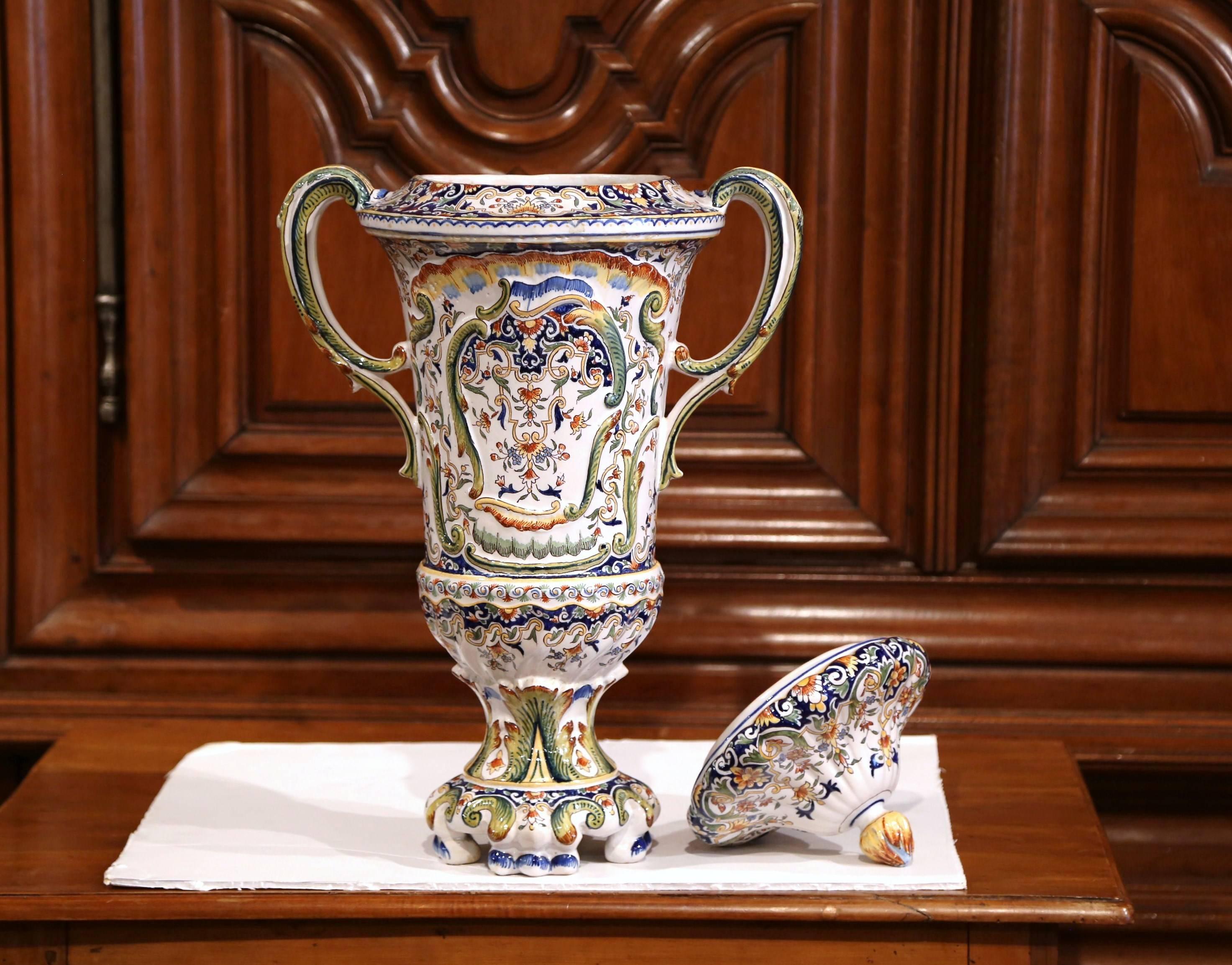 19th Century French Hand Painted Ceramic Vase with Lid from Normandy For Sale 3