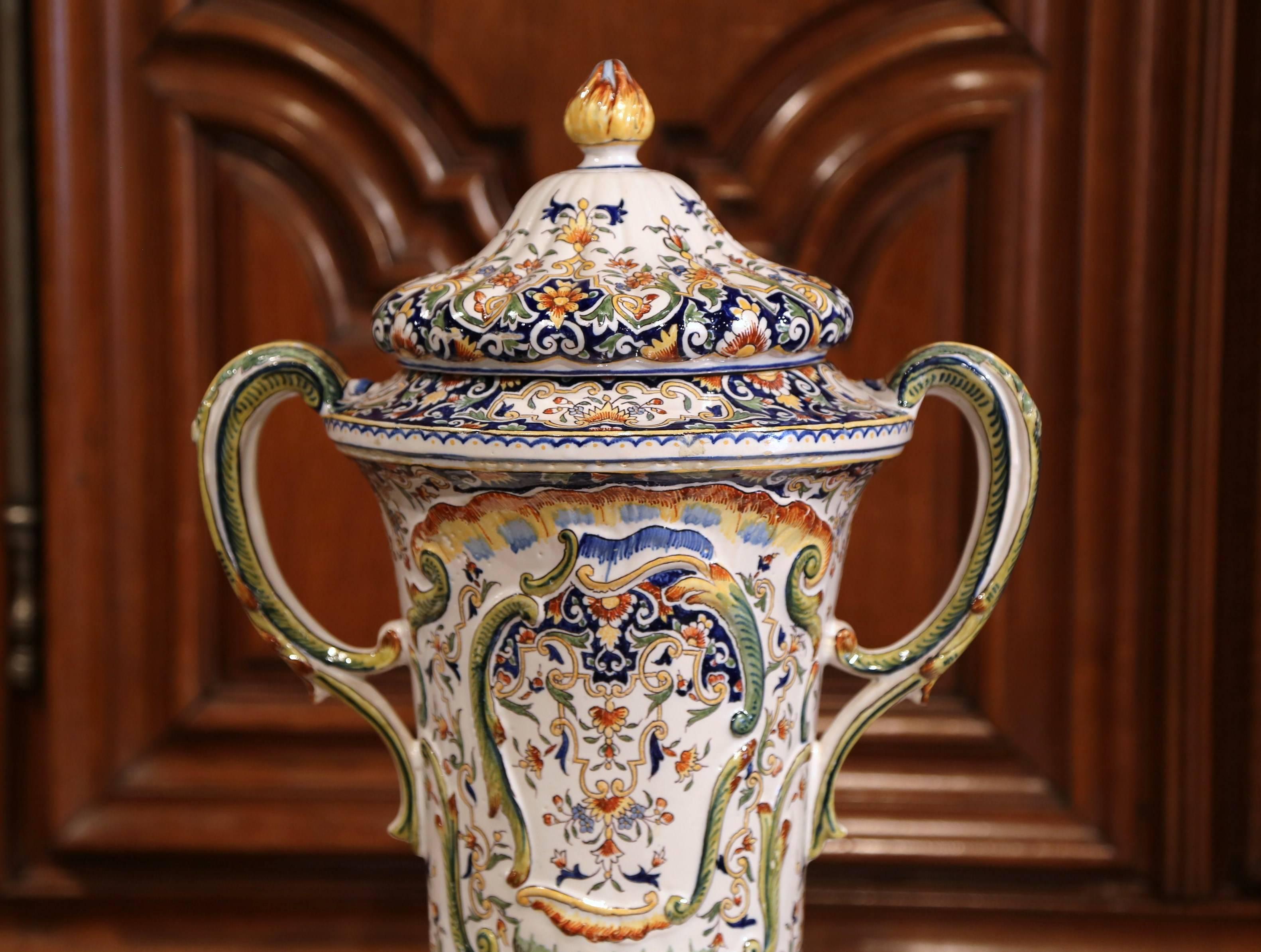 19th Century French Hand Painted Ceramic Vase with Lid from Normandy For Sale 4