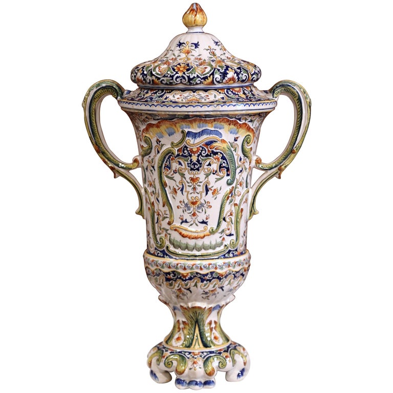 Important 19th Century French Hand Painted Ceramic Vase with Lid from