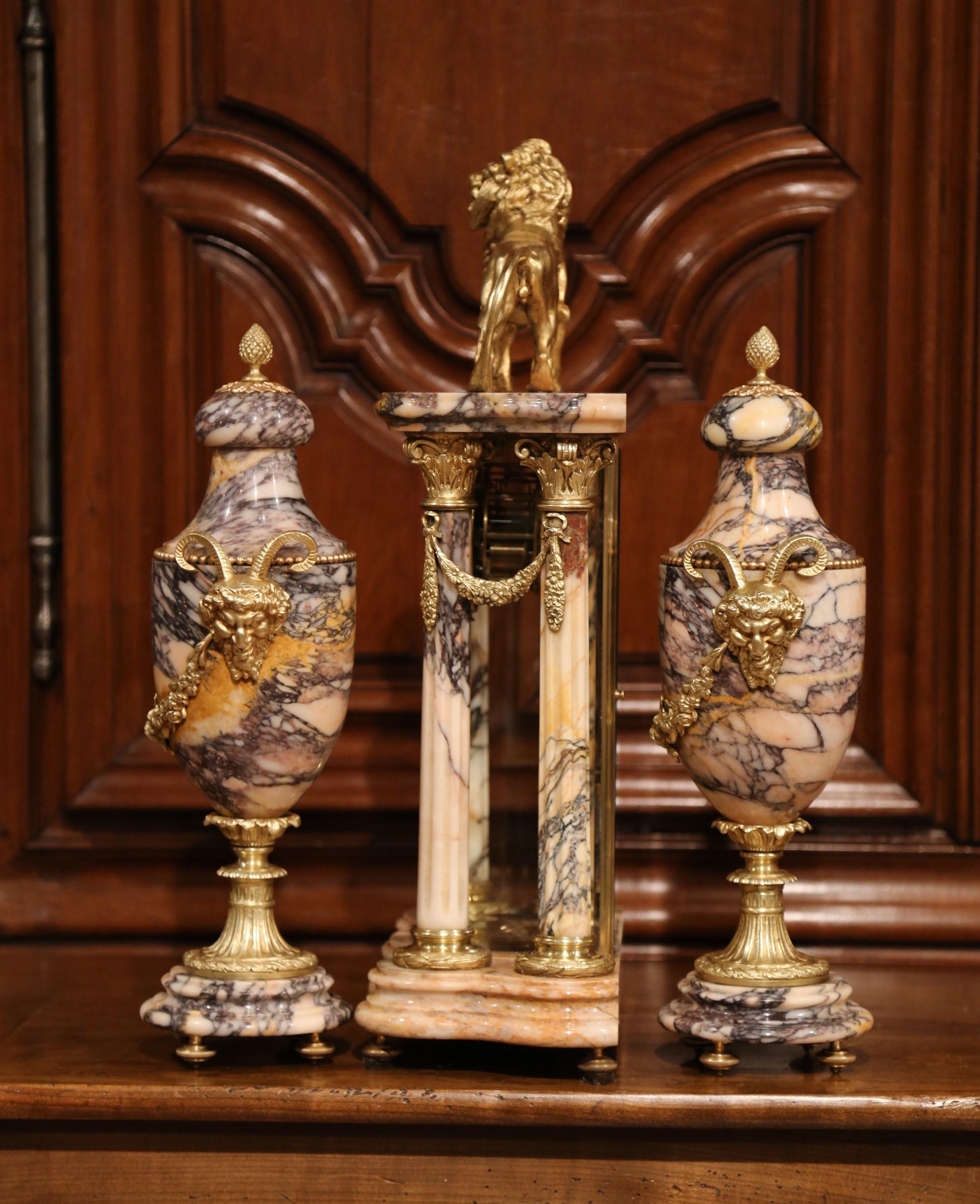 Important 19th Century French Marble and Bronze Mantel Clock with Cassolettes 5