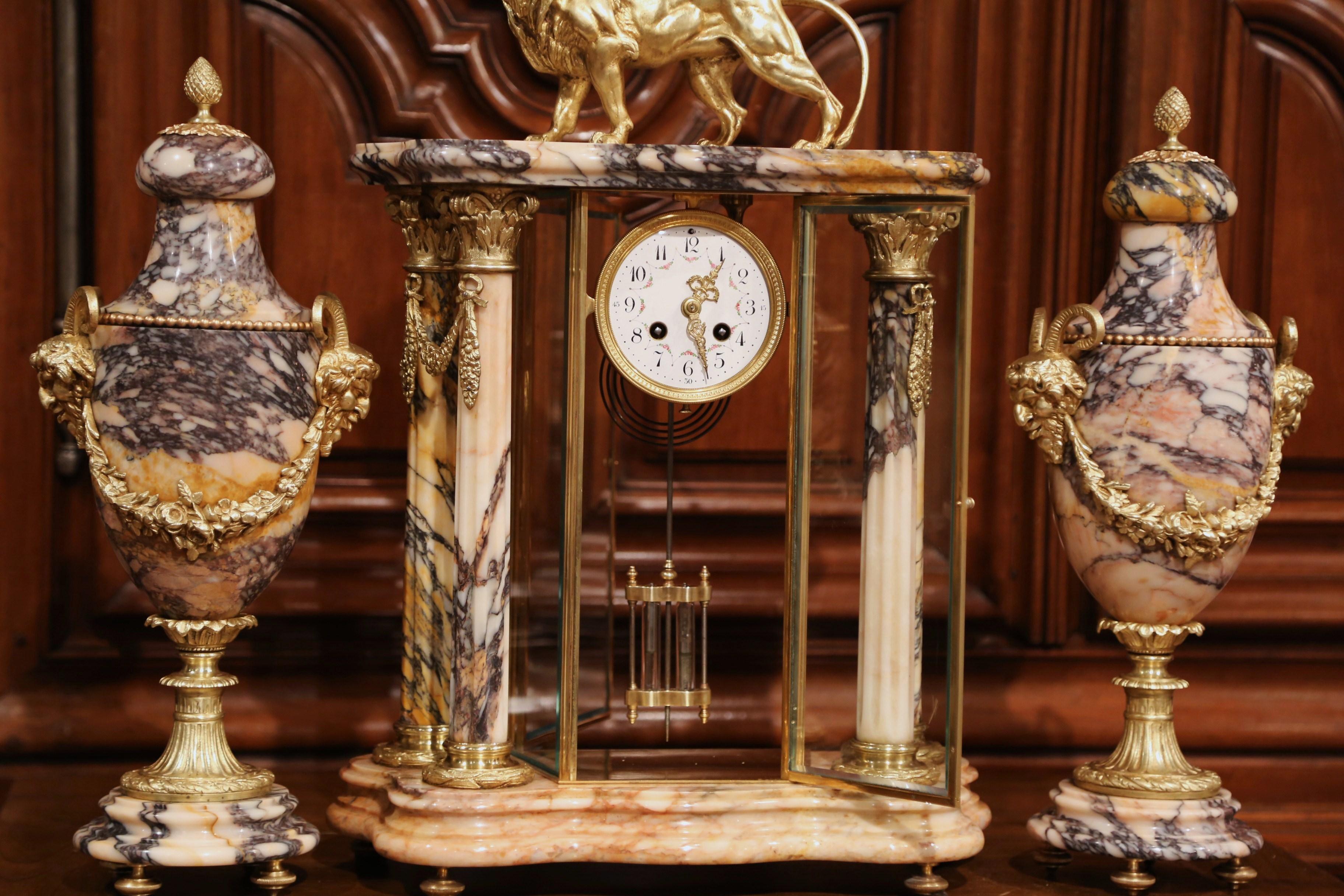Empire Important 19th Century French Marble and Bronze Mantel Clock with Cassolettes